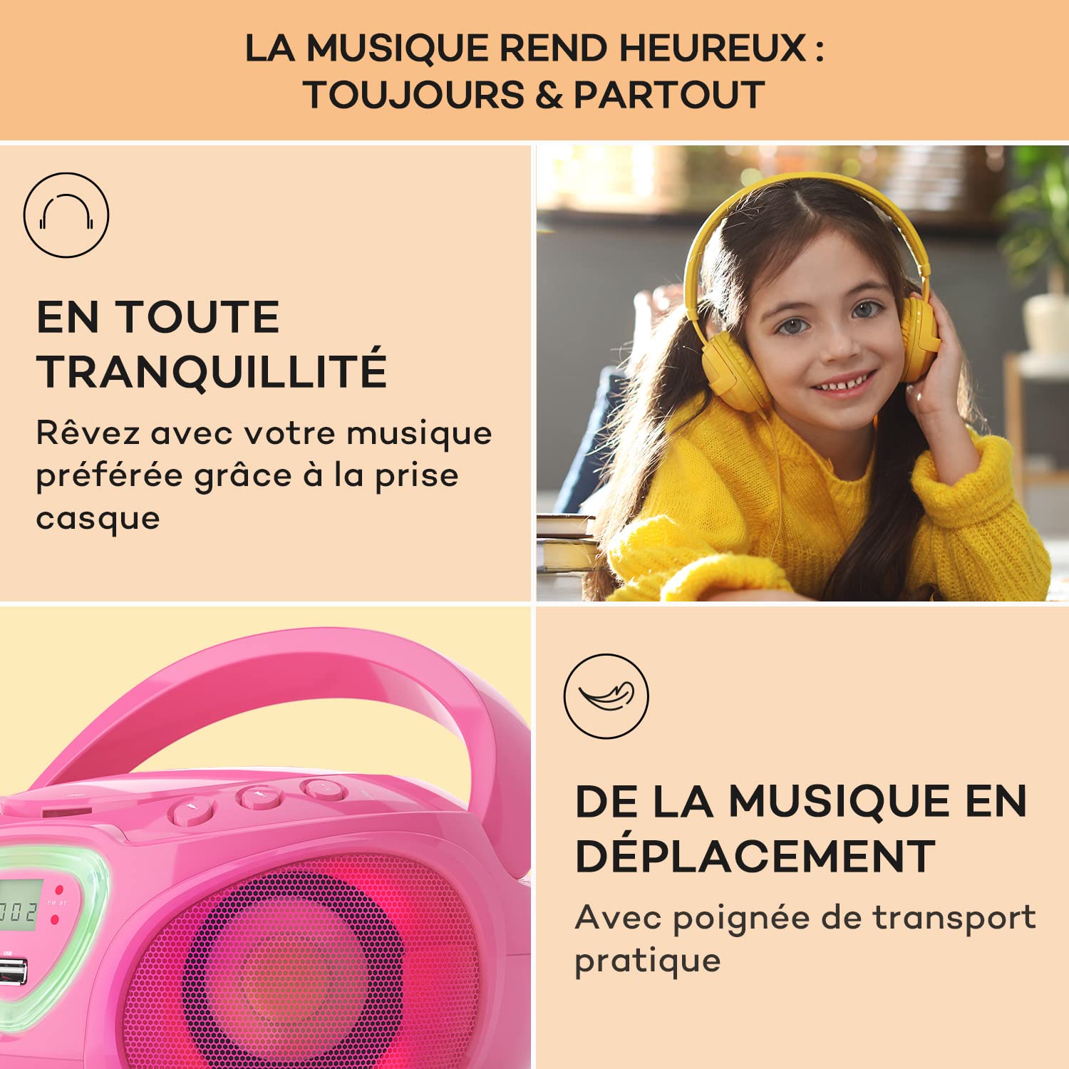 Auna Roadie - Radio-CD , Chaîne stéréo , Boombox , Lecteur CD , Port USB , MP3 , Tuner radio AM/FM , Bluetooth 2.1/EDR , Entrée RCA-AUX-jack 3,5 mm , Éclairage LED multicolore , 2x1,5W (RMS) , Rose