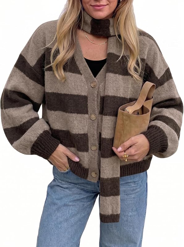 Tankaneo Cardigan Sweaters for Women Oversized Striped Cardigans with Scarf | V Neck Button Loose Cardigan Outerwear, Long Sleeve Knit Baggy Cute Cardigan Sweaters, 2026 Fall Winter Outfits