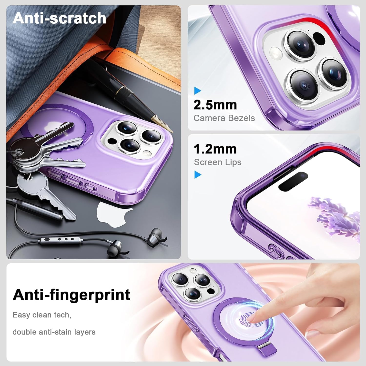 for iPhone 16 Pro Max Full Body Shockproof Case with Magnetic Invisible Stand [Compatible with MagSafe] Built-in Screen Protector Military Drop ProtectionTranslucent Phone Cover -Purple - Image 5