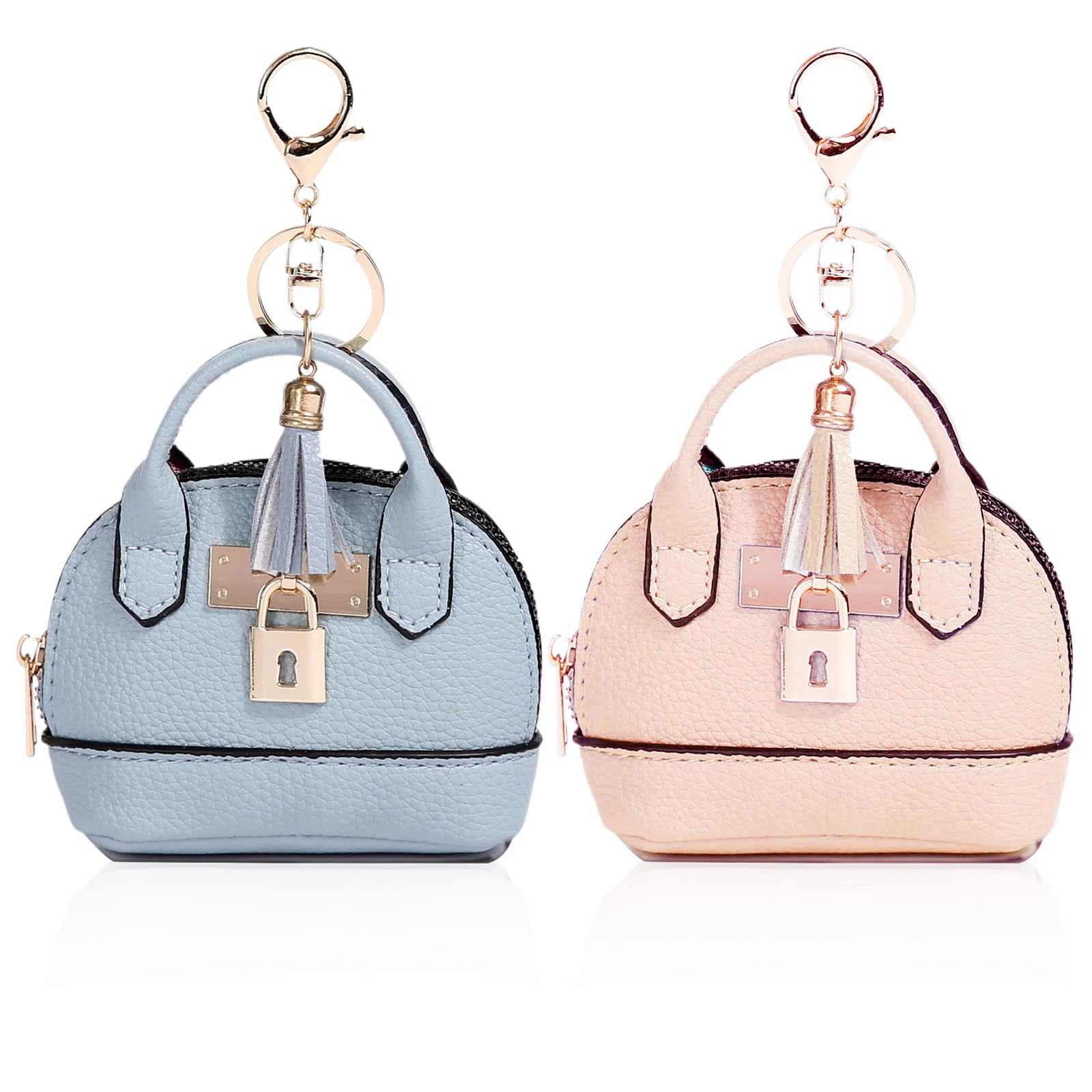 YJUBAOA 2 PCS Cute Mini Tote Bag Keychain for Women PU Leather Mini Backpack Purse Keychain Little Cosmetic Bag Key Lipstick Card Data Cable Organizer