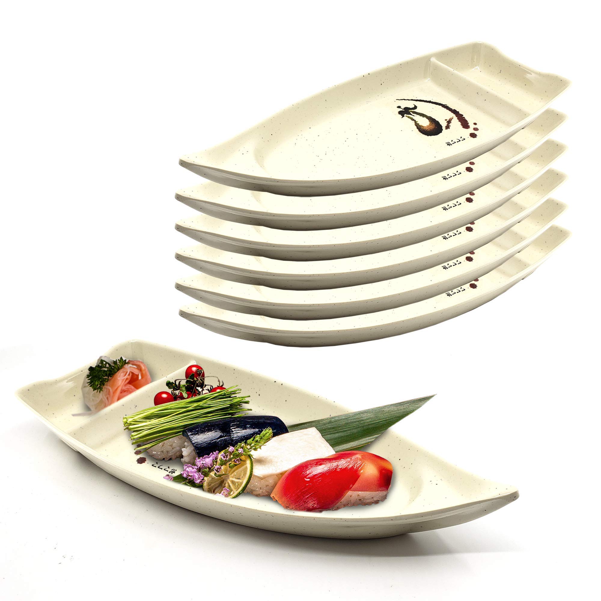 Set of 6, The Elixir Deco Sushi Boat Sushi Serving Serving Boat Plate Sashimi Maki Roll Serving Boat Tray with Sauce Compartment Plate