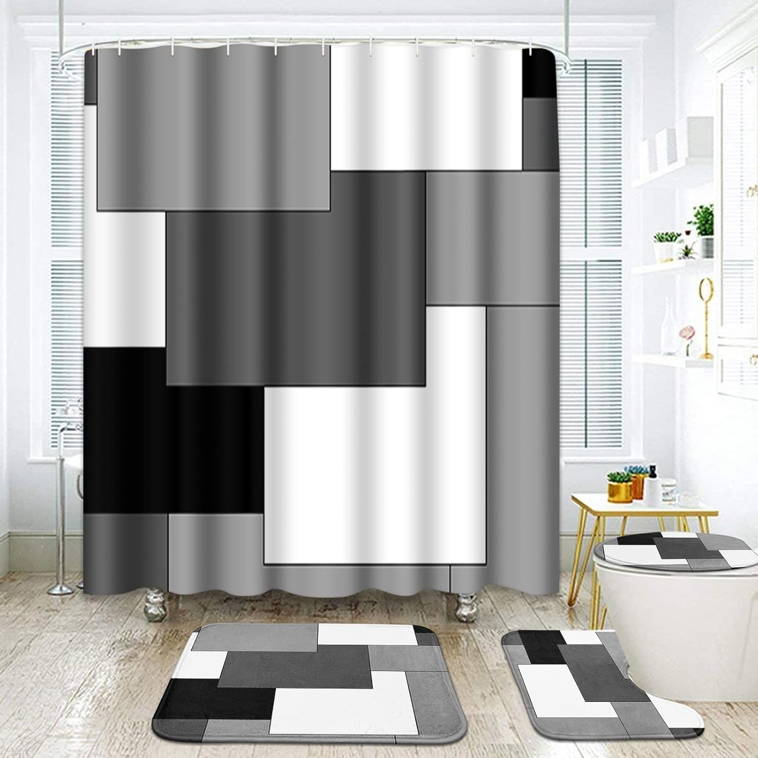Geometric Gray Bathroom Sets with Shower Curtain and Rugs