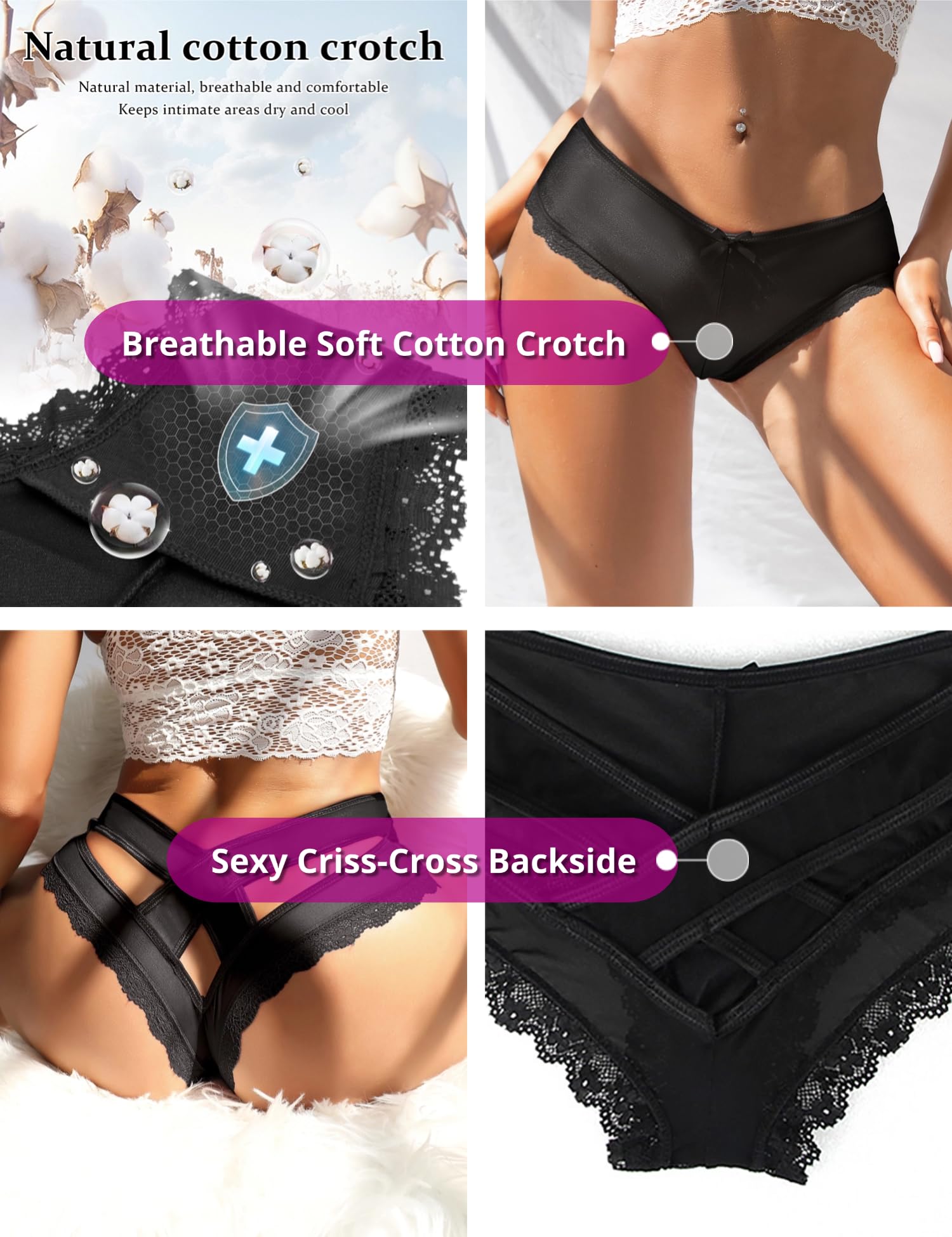 ohyeah Womens Underwear Sexy Lace Hipster Panties for Women Cheeky Cotton Crotch Crisscross Strappy Boyshorts Panties XS-4XL: 3X-Large-4X-Large 1 - Black