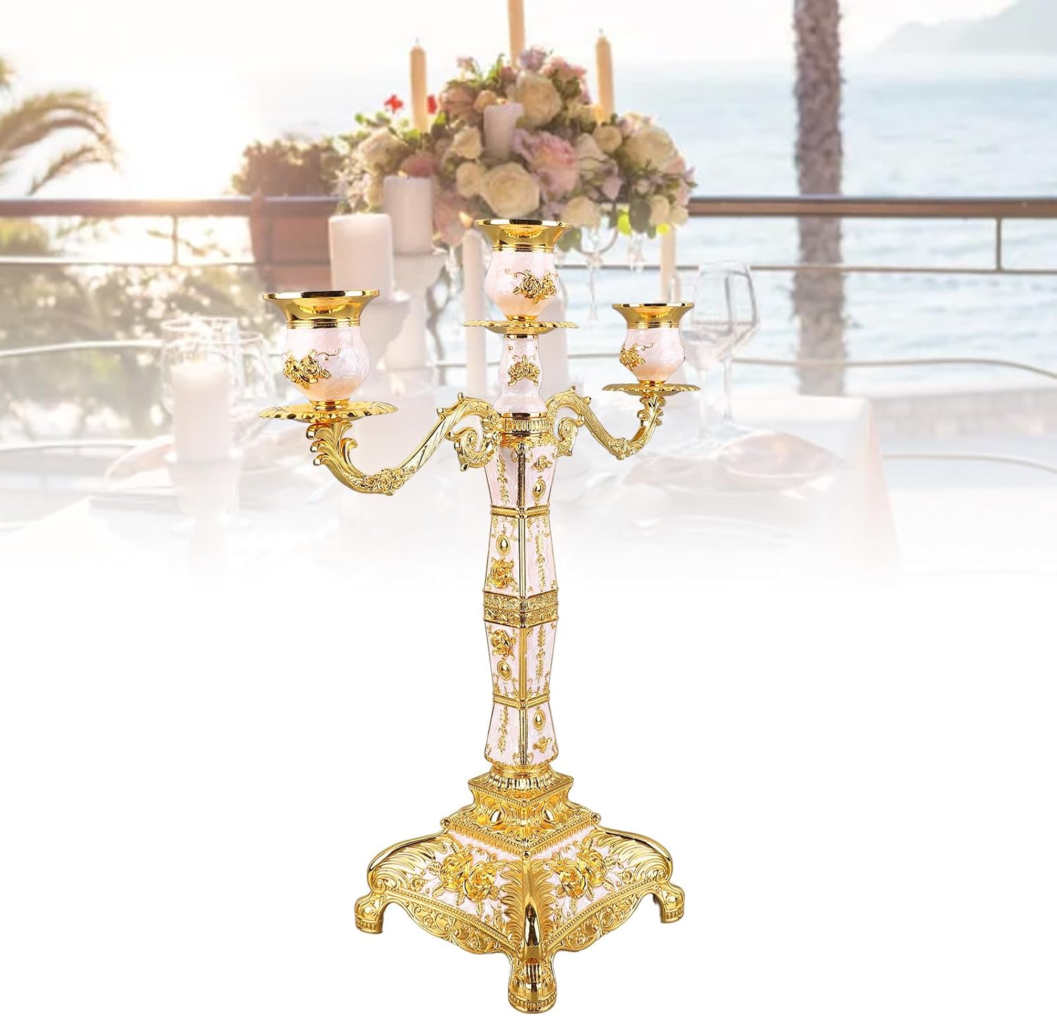 Alloy Candelabra Decoration, European Style Retro Candlestick, Metal Arms Candel Holder for Wedding Dinner Party (Gold and White Three Heads)