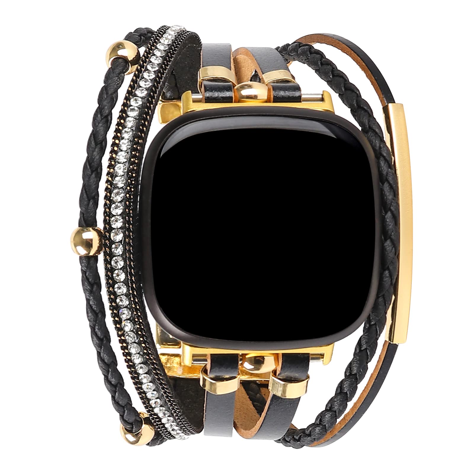 Posh Leather Bands Compatible with Fitbit Versa 3/Fitbit Sense, Women Boho Stylish Multilayer Wrap Bracelets Wristband, Handmade Adjustable Jewelry Strap for Sense/Versa 3 Smart Watch