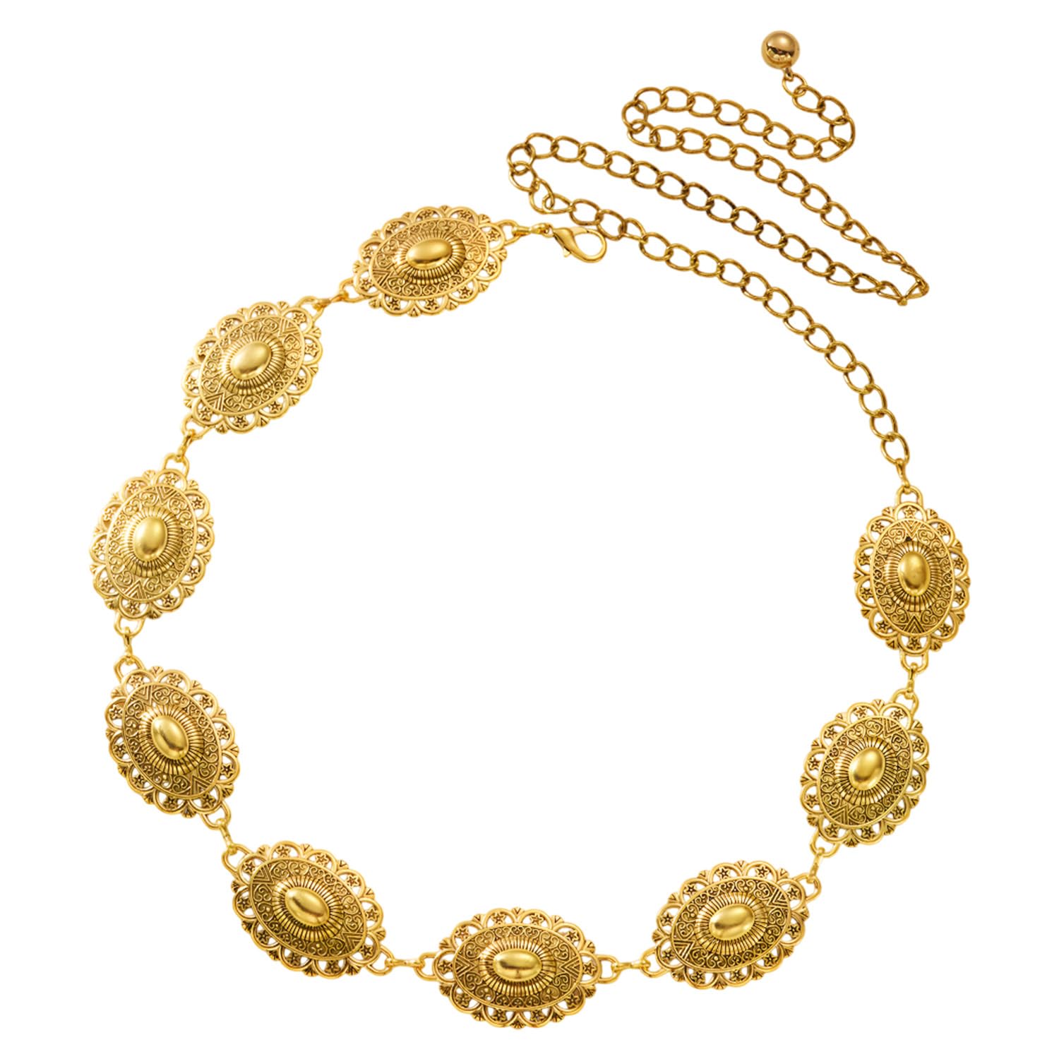 syga Adjustable Waist Chain For Women's Antique Floral Engraved Oval Design Golden Metal Chain With Dress, Saree, Lehenga Decorative Waist Belt-picture-37