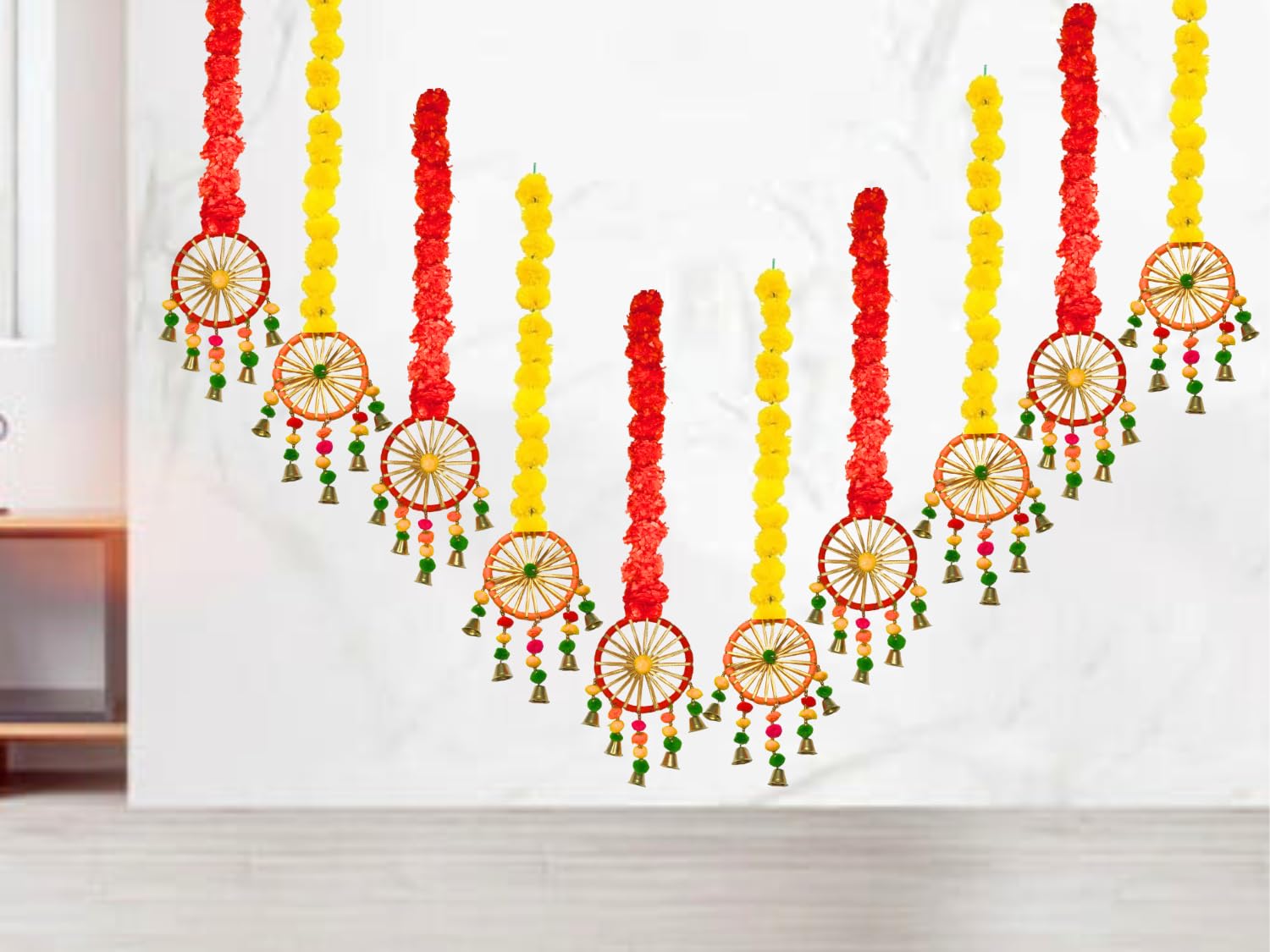 DRYPHON Artificial Marigold Flowers with Pom Pom Ring Bell Hanging Garlands for Home Diwali Wedding Puja Decoration (Pack of 10)