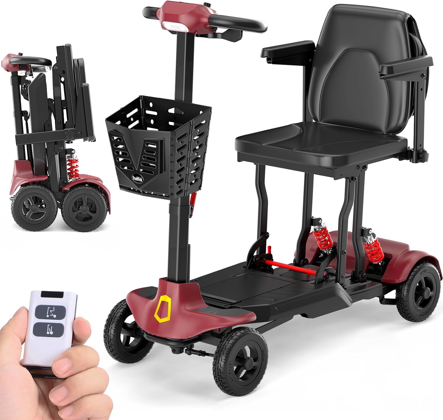 FreeWink Auto-Folding Mobility Scooter for Seniors - 40lbs Lightweight Portable 4-Wheel, Remote Control, 15AH Battery 14mi Range, 275lbs Capacity Red