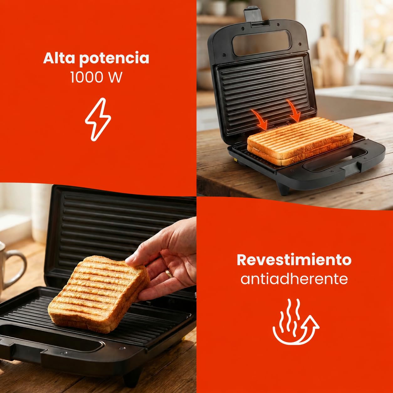 QuickBite - Tostadora de pan antiadherente 1000 W, panini y sándwiches, color negro