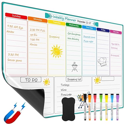 ‎MaxGear Weekly Dry Erase Board for Fridge, Magnetic Calendar Whiteboard Planner for Refrigerator with Stain Resistant Technology, Include 7 Fine Point Markers and 1 Eraser, 17"x12"