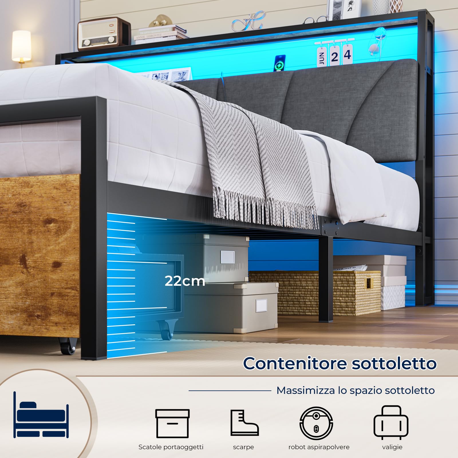 Brinlawb Struttura Letto 140x200 cm con Testiera Imbottita, Letto 140x200 cm con Luce LED e Stazione di Ricarica (2 Prese CA, 2 Prese USB) Letto Matrimoniale con 2 Grandi Cassetti al Fondo, Grigio