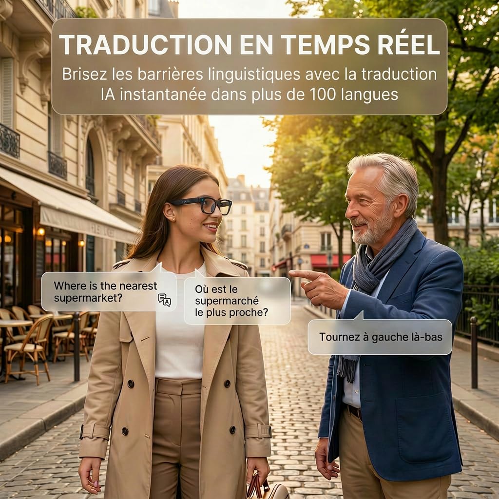 Lunette Camera HD, 13MP Lunettes Connectées IA, Verres Photochromiques à Changement de Couleur, Assistant IA pour Traduction en Temps Réel, 11 Heures d'Autonomie