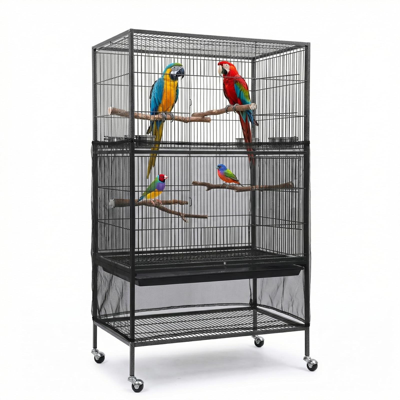 Large Bird Cage Cover Bird Cage Seed Catcher 118 x 31 Inches Adjustable Mesh Birdcage Cover Net Skirt for Parrot Parakeet Macaw Cages (Black)-image-2