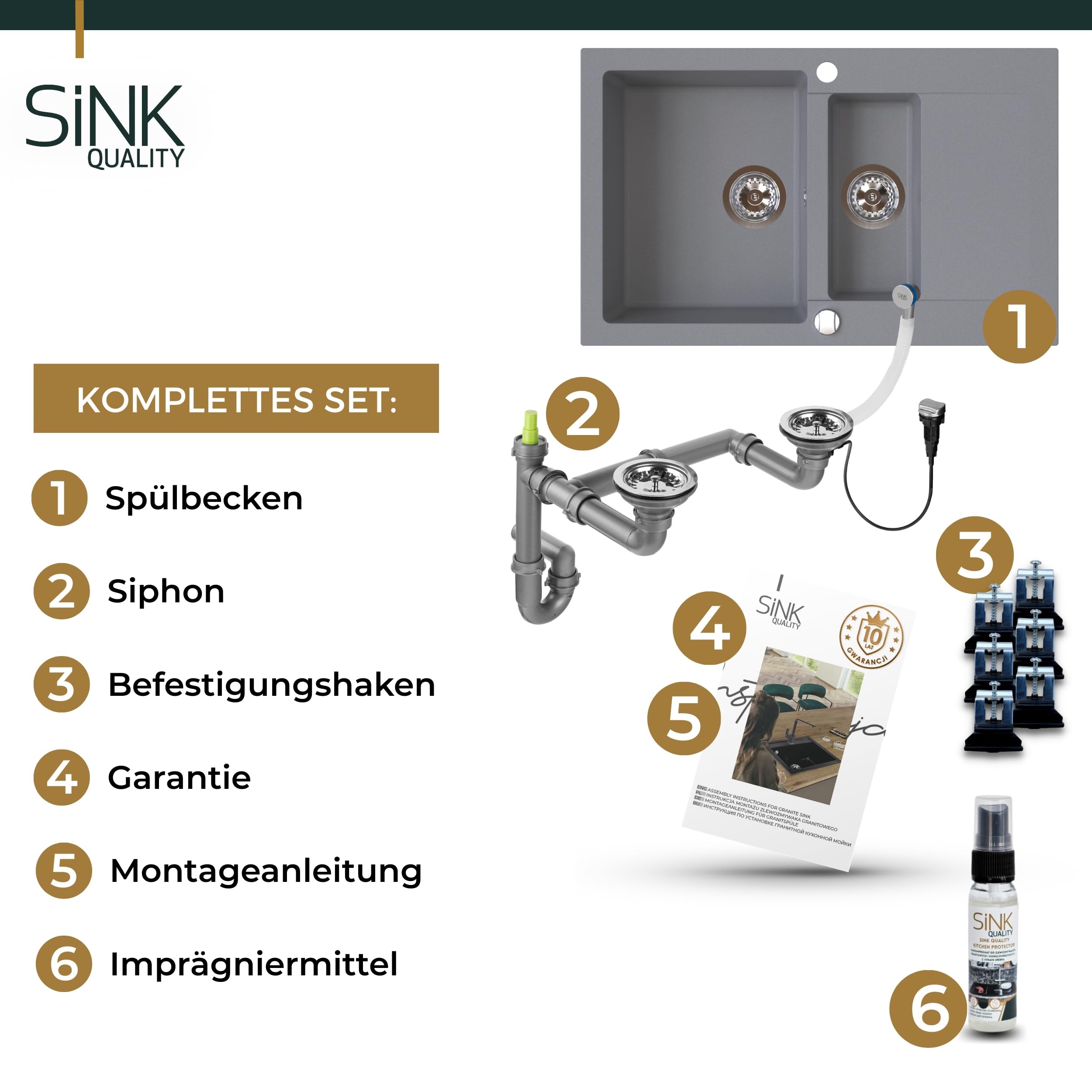 SINK QUALITY Spülbecken grau 79x50 cm, Granitspüle 1,5 Becken, Spüle mit Siphon und Imprägniermittel, Küchenspüle ab 50er Unterschrank
