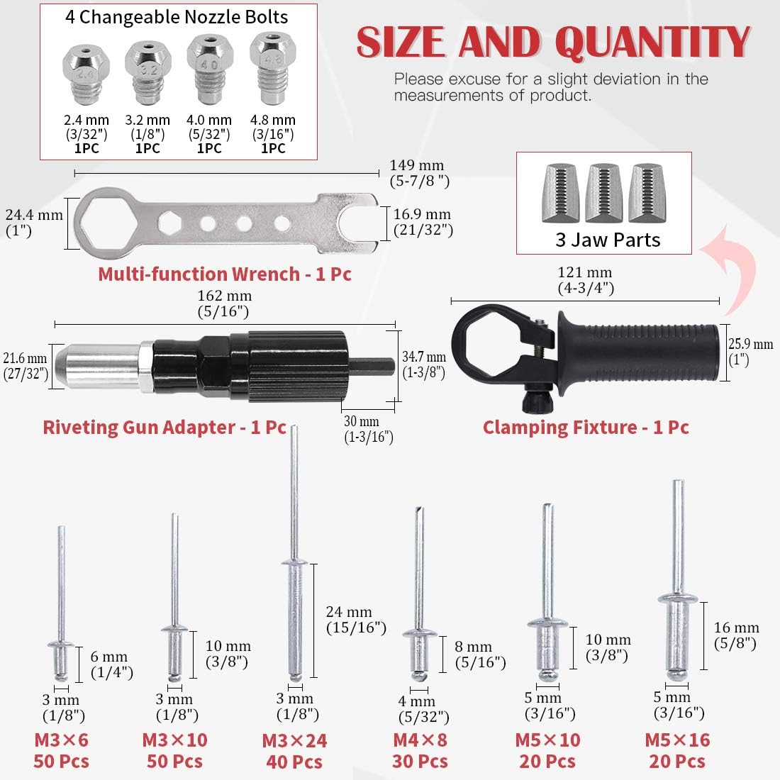Hilitchi Professional Rivet Gun Adapter Kit with 210Pcs M3 M4 M5 Aluminum Assorted Rivets, 4Pcs Different Matching Nozzle Bolts, Wrench and Clamping Fixture for Cordless Drill, Sheet Metal Work