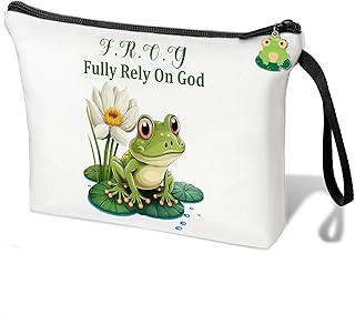 Frog Gifts for Women Frog Makeup Bag Frog Stuff Frog Makeup Pouch F.R.O.G. Fully Rely on God Frog Prayer Christian Cosmetic Bags for Women Religious Gifts for Her (White frog gifts)