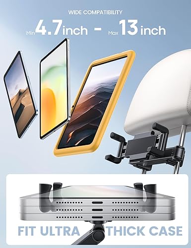 Miniatura 5 de Lamicall Soporte para tablet reposacabezas de automóvil, con bloqueo, compatible con funda gruesa, clip plegable, soporte para tableta para asiento