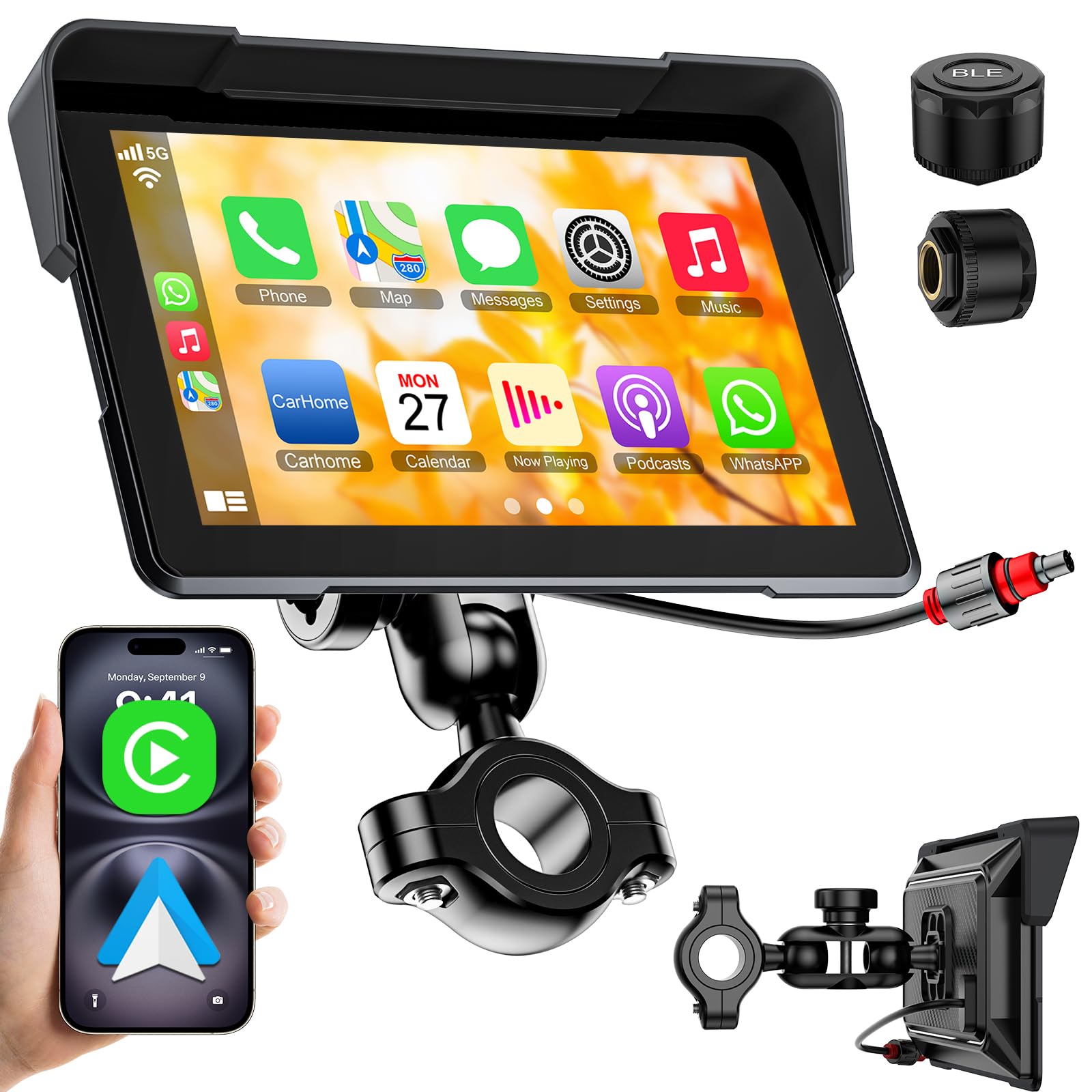 6.7" Portable Display, Carplay Wireless GPS Navigation System with A-pple Carplay and Android Auto, Bluetooth, Siri, Google Assistant, TPMS, Voice Control/Touch Screen IP67K Waterproof-image-49