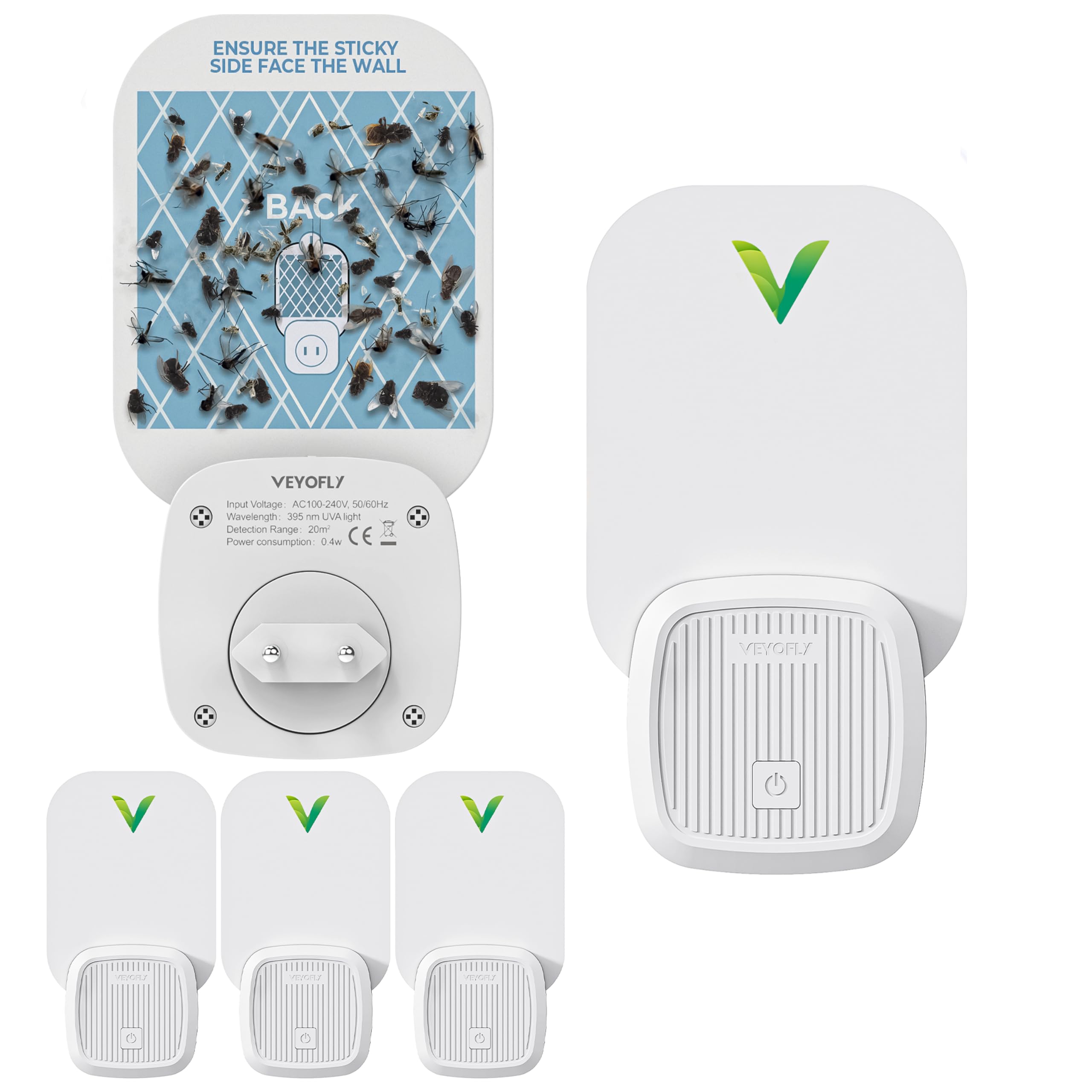 VEYOFLY Fliegenfalle UV, Fruchtfliegenfalle, 4 Geräte + 8 Nachfüllungen | UV-Licht lockt Insekten auf Wechsel-Klebekarten, leise 24/7, Stecker, Innenbereich, ohne Insektenvernichter Elektrisch