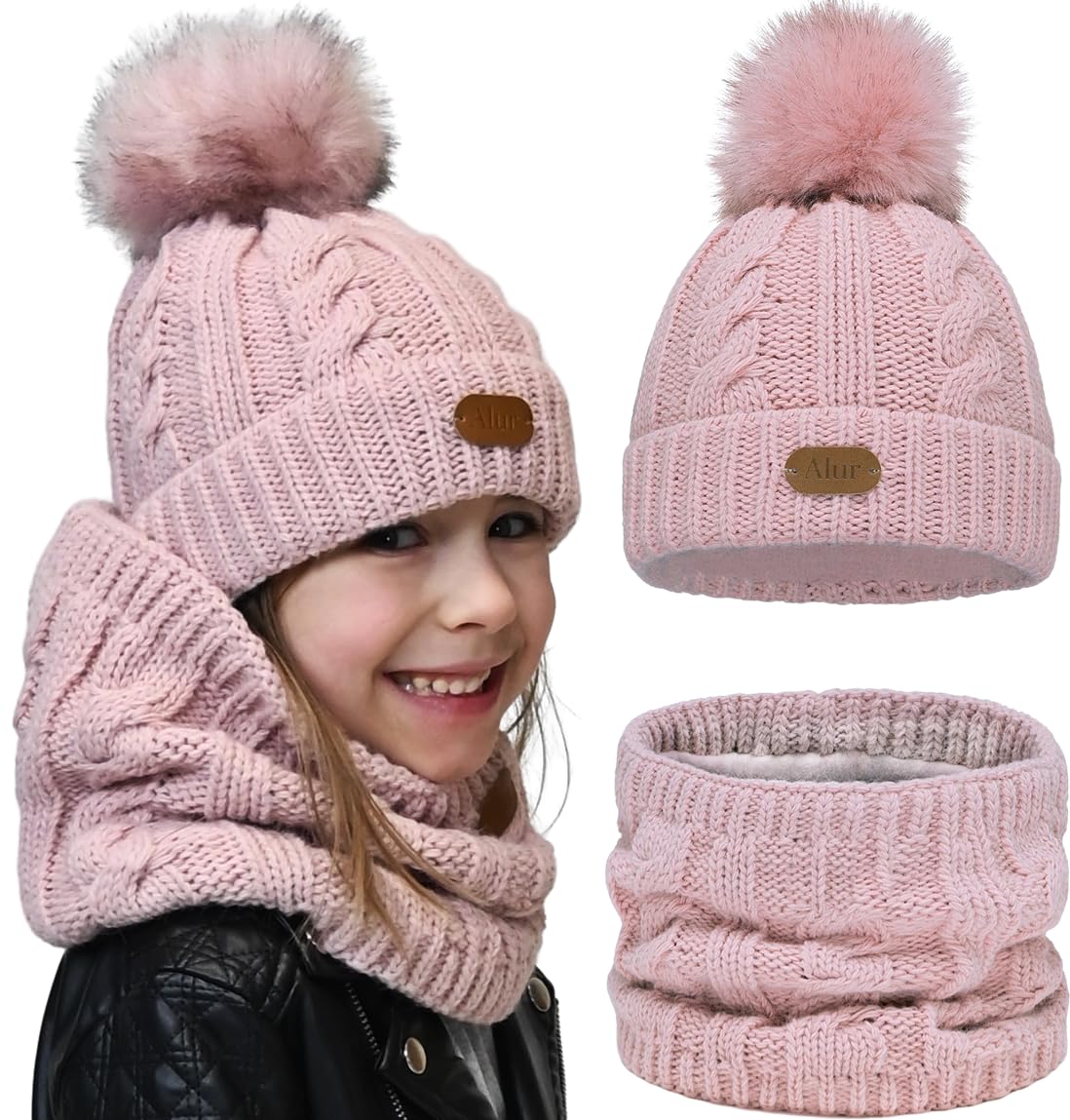 Alur Bonnet Fille et Garcon avec Pompon et Cache Cou Bebe - Ensemble Bonnet Echarpe Chaud et Universelle - Élastique en Douce Bonnet et Tour de Cou Enfant (A1)