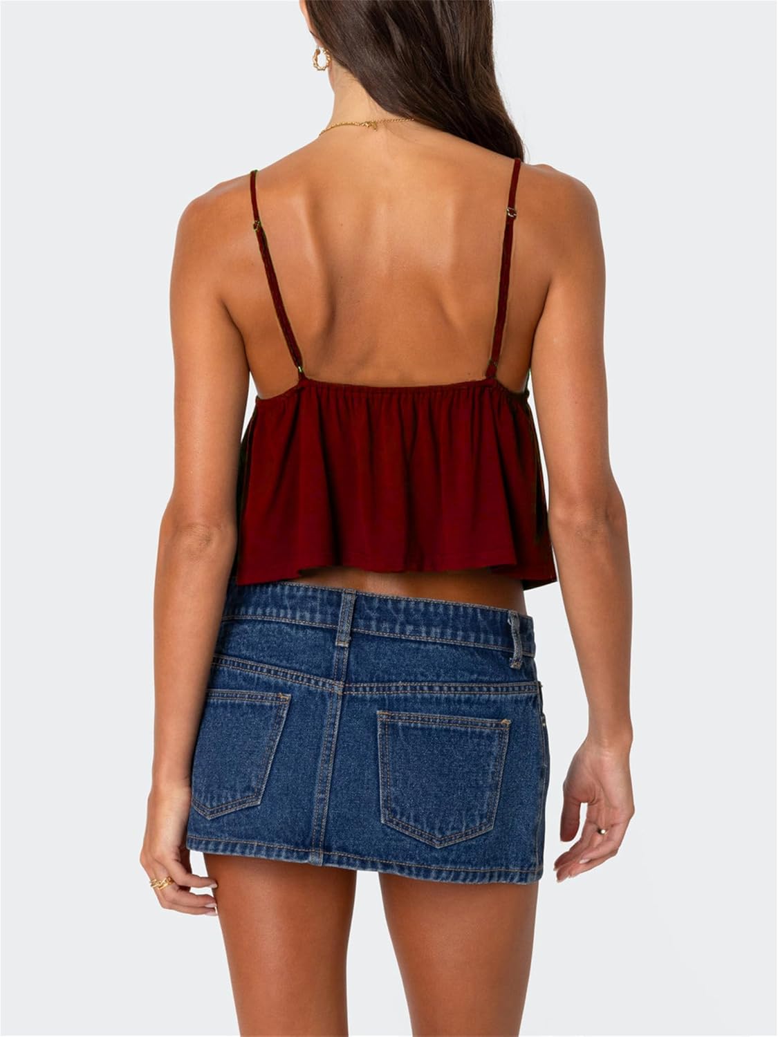 Women Y2k Flowy Ruffle Hem Cami Tank Top Casual Solid Color Deep V Neck Sleeveless Peplum Camisole Summer Beachwear - Image 3