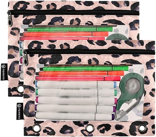 Miniatura 2 de Estuche para lápices con estampado de leopardo y guepardo rosa para carpeta de 3 anillos, 2 bolsas para lápices con cremallera, estuche transparente