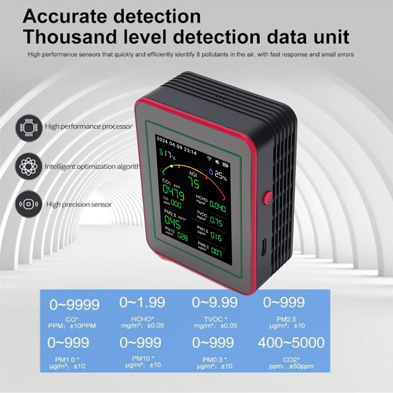 Monitor di qualità Dell'Aria WiFi, Tester di qualità Dell'Aria Interna per CO2, TVOC, HCHO, PM0.3-PM10, Temperatura e umidità, Dati in Tempo Reale con App Mobile, Rilevatore di (+rosso)