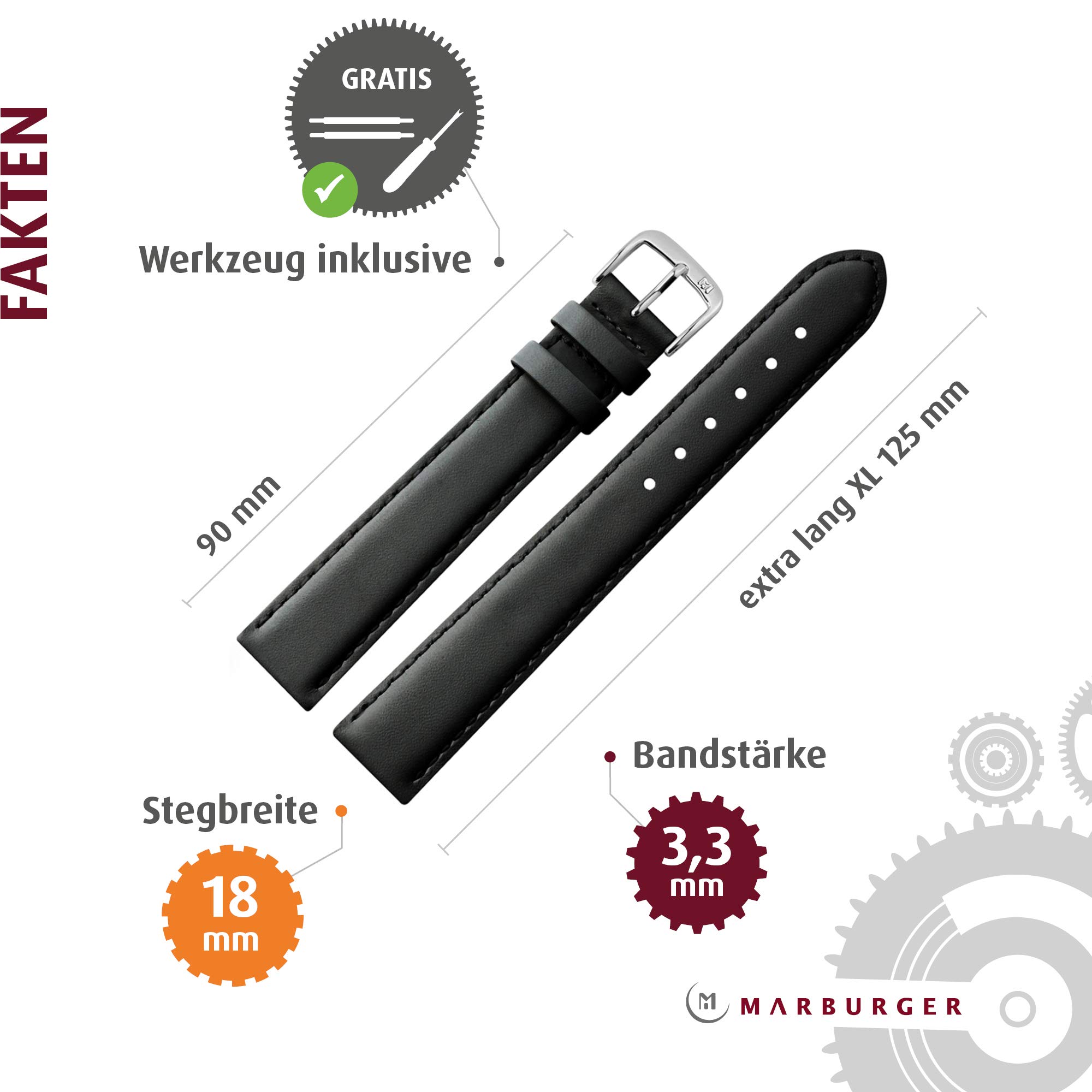 MARBURGER Uhrenarmband 18mm Leder XL Glatt Mit Naht - Werkzeug Montage Set 66018