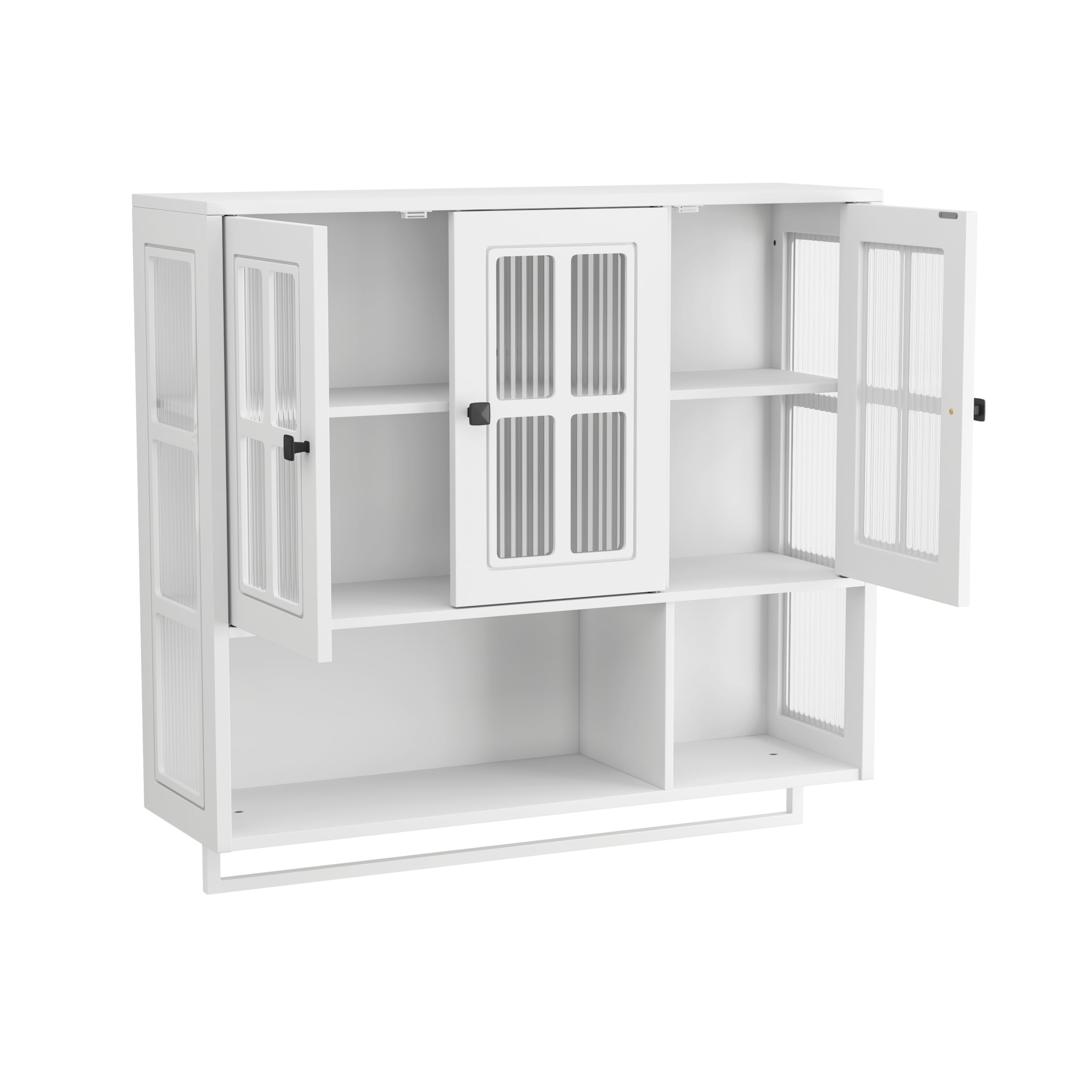 HAINEW Hängeschrank Küchenschrank Wandschrank mit 3 Glastüren und Handtuchhalter, Metal und Glas Hängend Badschrank Medizinschrank mit Offenes Ablagefach Küche Bad, 88×26×82,5cm (Weiß)
