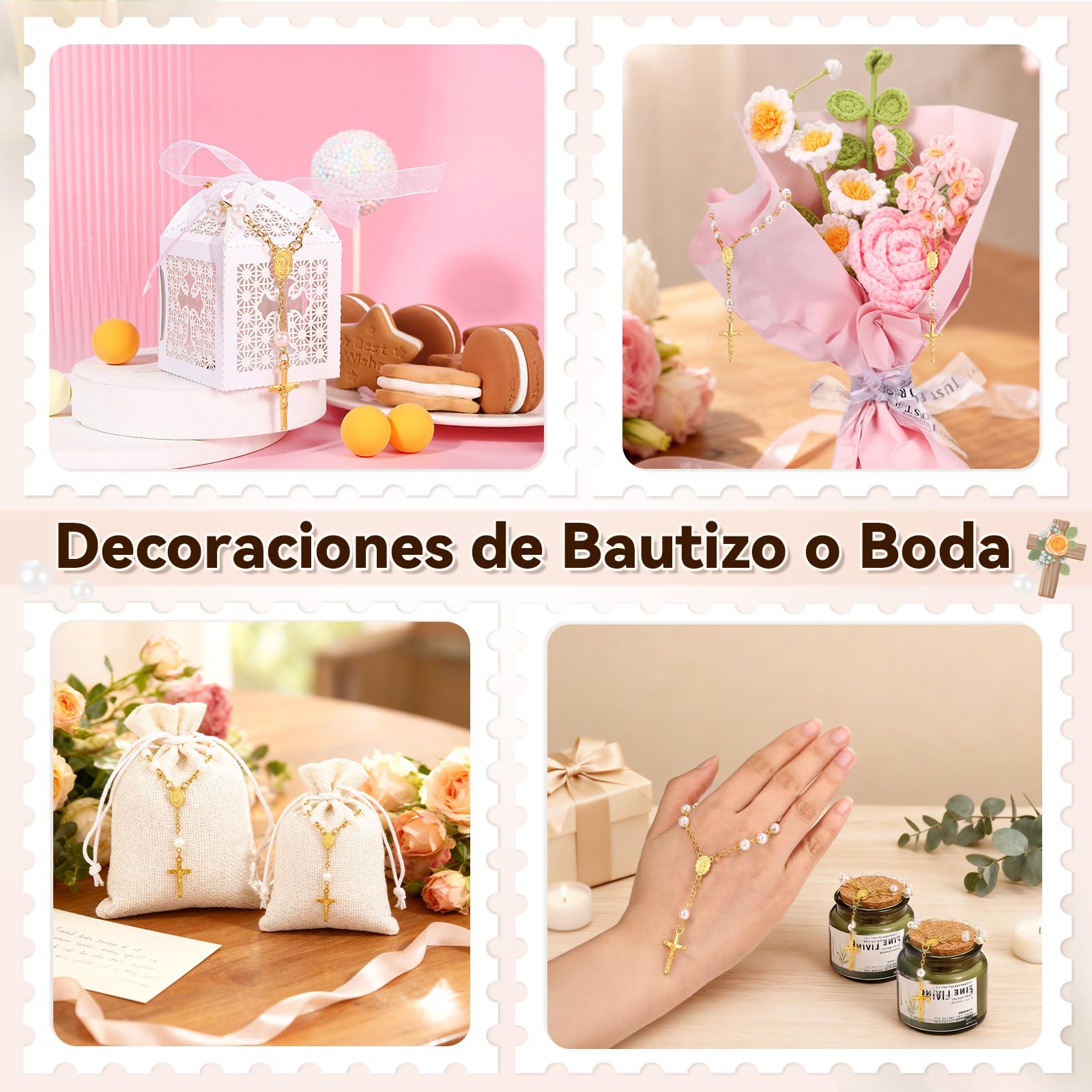 LEMESO 20 Piezas Recuerdos para Bautismo Comunión Rosario con Cruz Decorativo, Regalos Bautizo para Invitados, Detalles de Boda y Baby Shower, Dorado