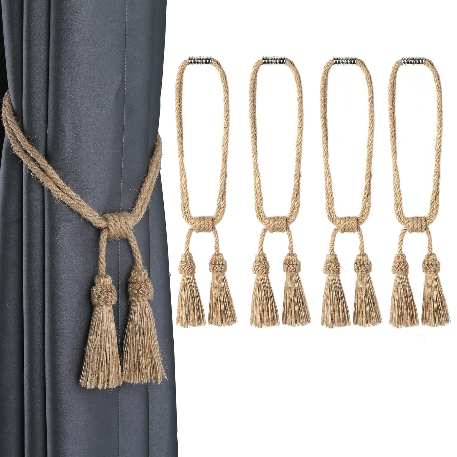 Fenghuangwu Magnetic Curtain Tiebacks 4Pack Tassel Curtain Tieback Modern Handmade Tie Backs,Decorative Tassel Holdback for Draperies,Window Decor (4, Jute)