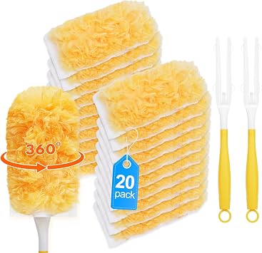 22 Pack Duster Refills w/2 Handles, Compatible with Swiffer Duster | 360 Heavy Duty Duster Refills Compatible with Swiffer Duster Handle, for Baseboards, Furniture & Hard-to-Reach Areas, Yellow