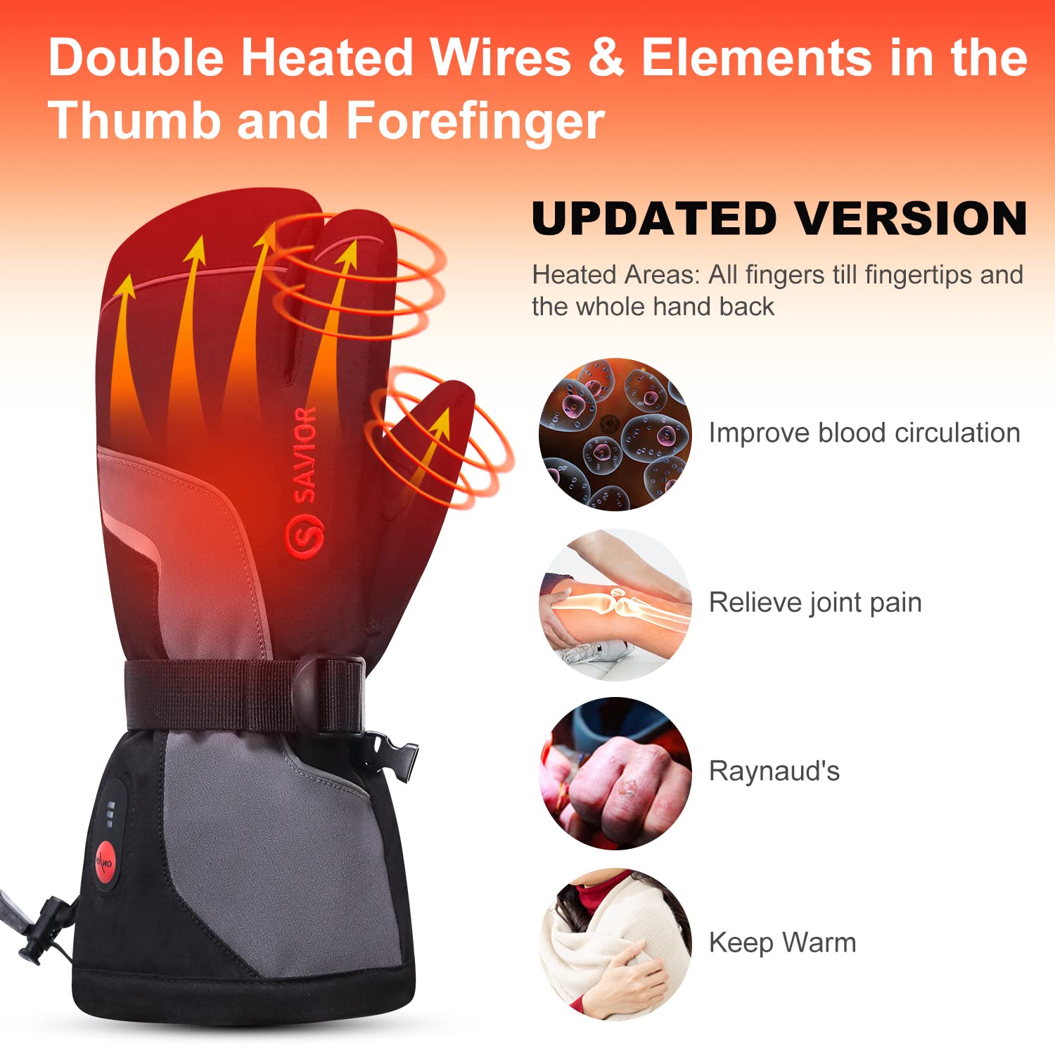 SAVIOR HEAT Heated Mittens Battery Gloves Men Women, 2023 Flexible Crab Finger Rechargeable Ski Mitten with 7.4V 2200mAh Battery for Winter Snow Skating Camping Hunting Hiking Motorcycle