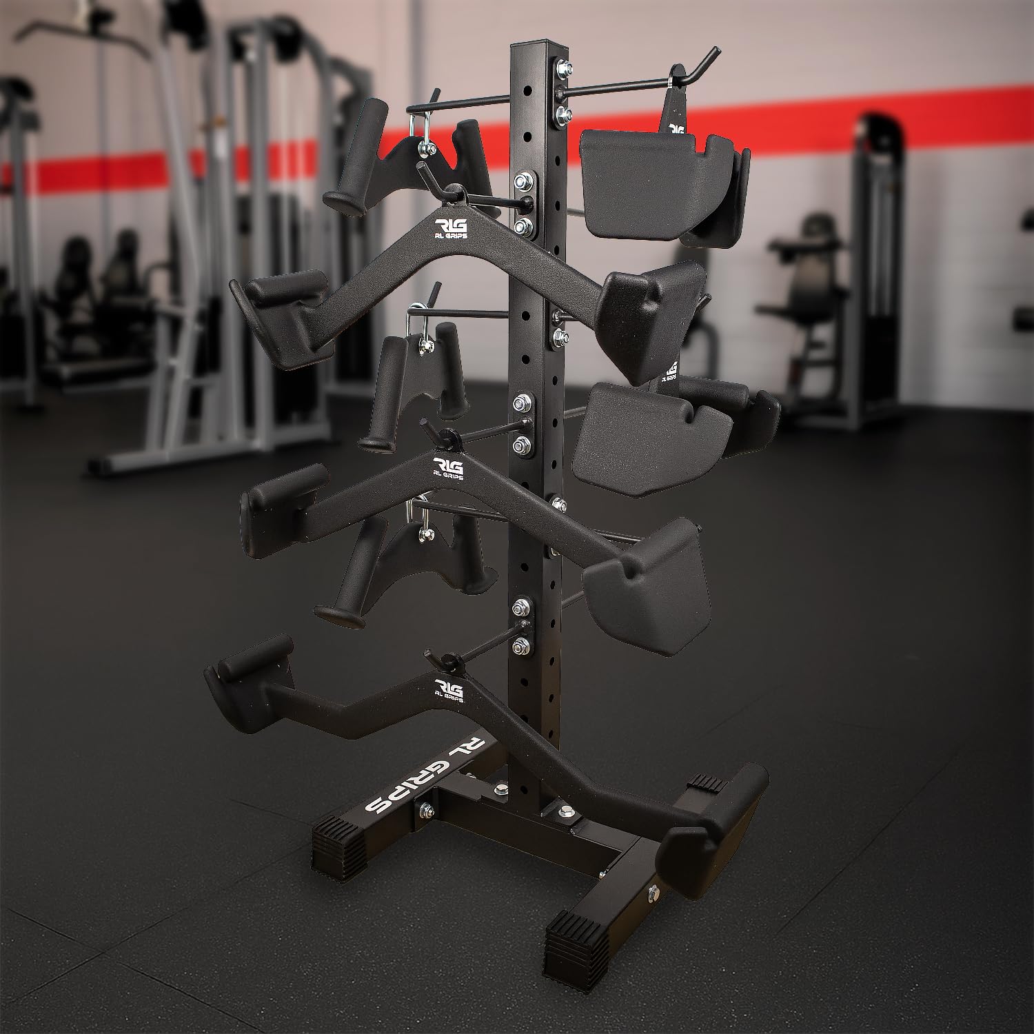 RL Grips - Rack de Almacenamiento para Agarres de Poleas de Gimnasio – Soporte para Agarres Gym Modular y Vertical – Soporte de Suelo con 12 Ganchos Ajustables Compatibles con Todo Tipo de Manerales