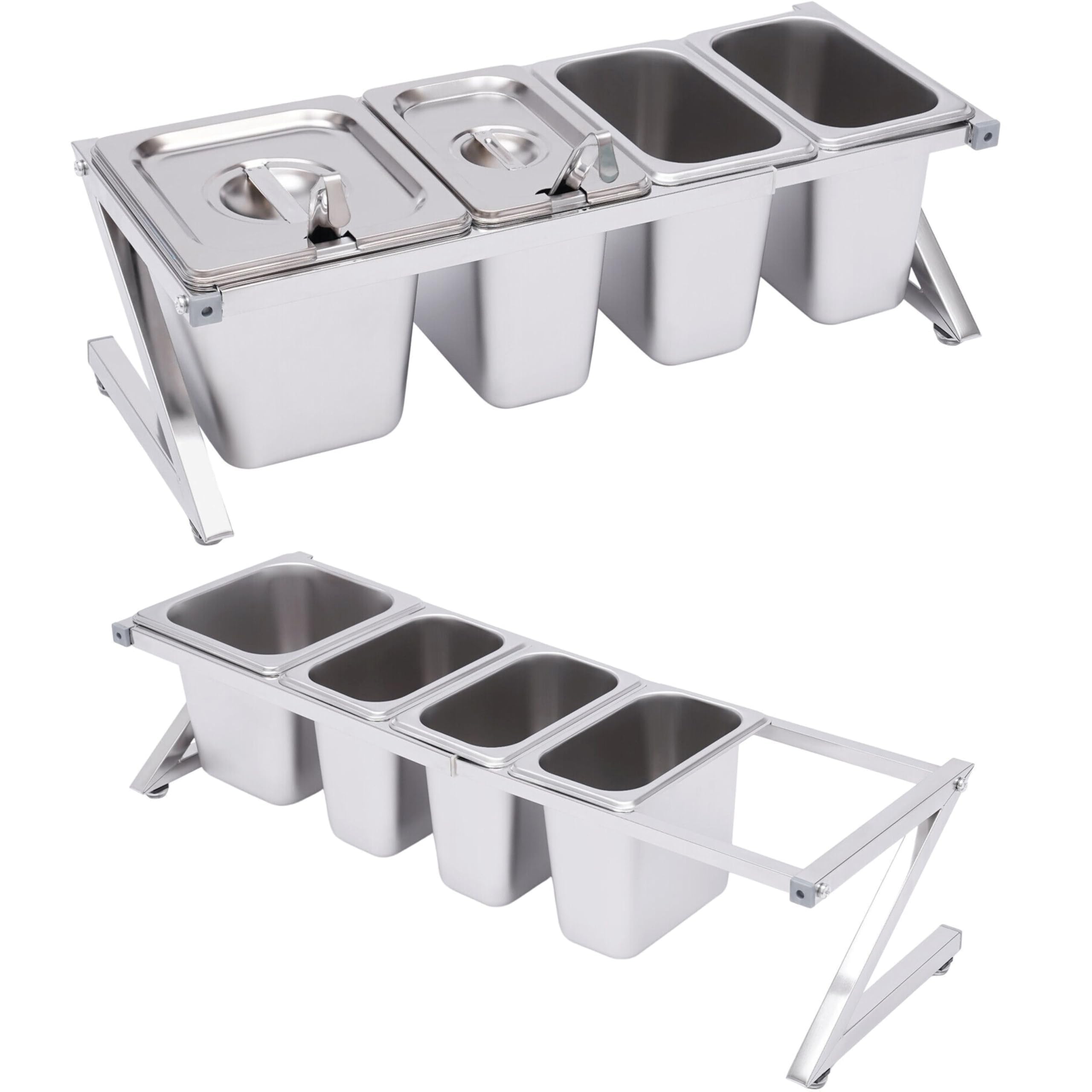 Pizza Topping Station Organizer, Condiment Container Dispenser with 8 Pans & Lids, Stainless Steel Ingredients Food Container Countertop Spice Rack Shelf Holder for Seasoning(Silver Minimalist)
