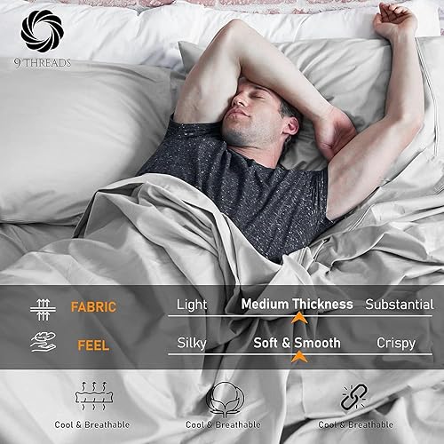 Miniatura 6 de Sábanas de satén 100 % algodón de 400 hilos, con bolsillo profundo, sábanas frescas y fuertes de algodón (gris, matrimonial)