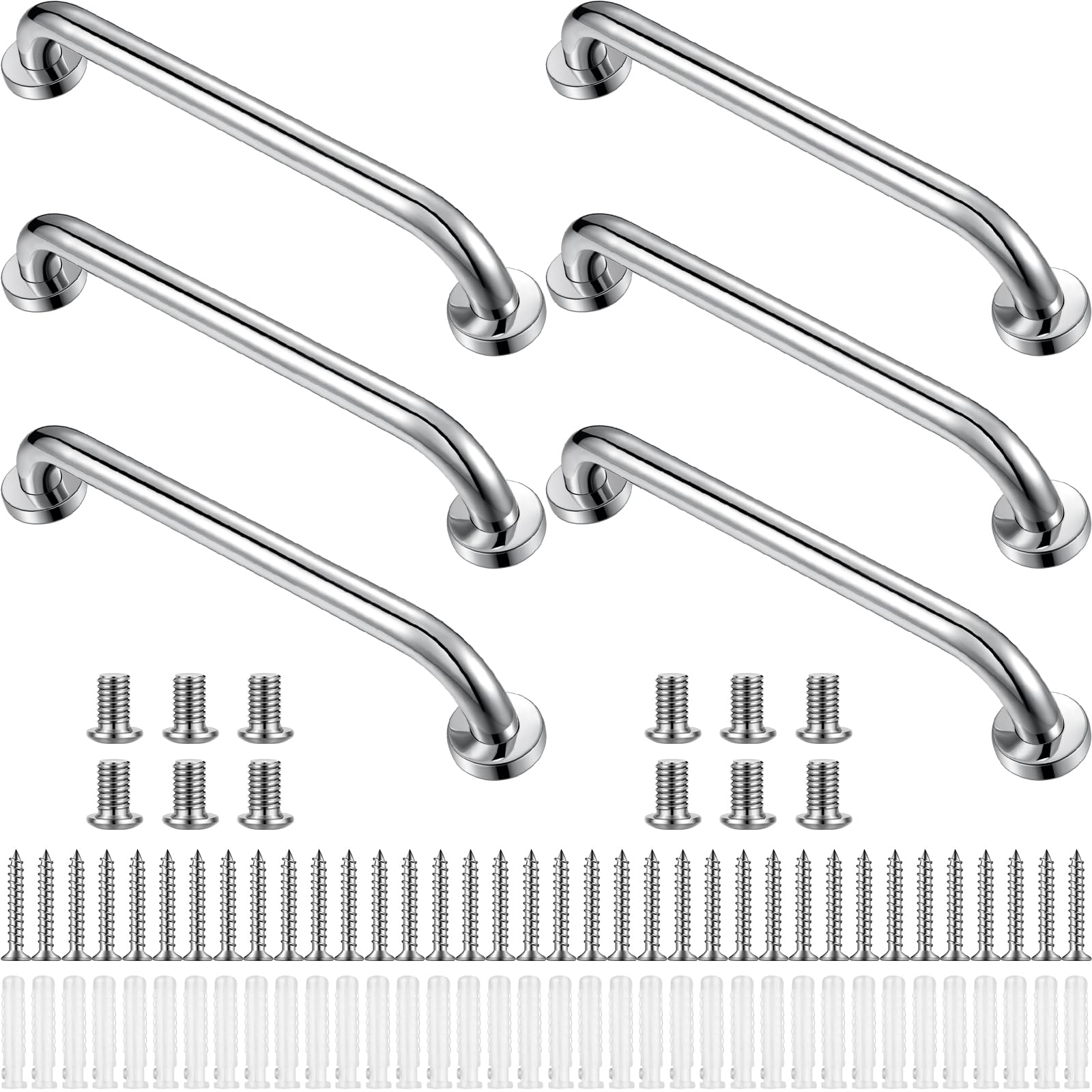 Therwen 6 Pack 18 Inch Shower Grab Bars Stainless Steel Bathroom Handicap Heavy Duty Handle Anti Slip Bathtub Handle Support Balance Hand Rail for Bathroom Wall Elderly Pregnant Seniors (Silver)