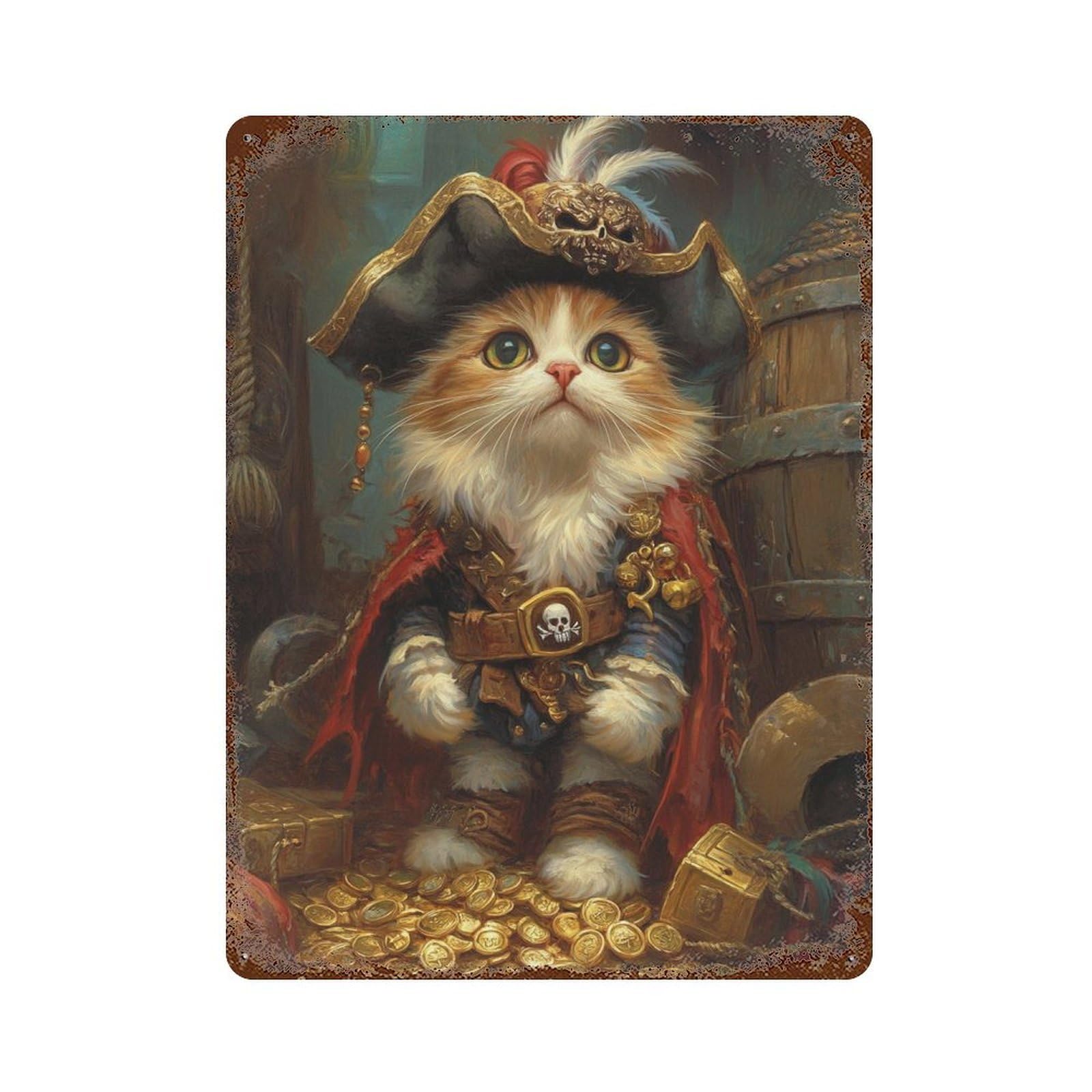 Pirate Cat Treasure Chest-19 Rustic Tin Plaque 15.7"x11.8", Rustic Home Decor for Office, Studio And Wall Decor