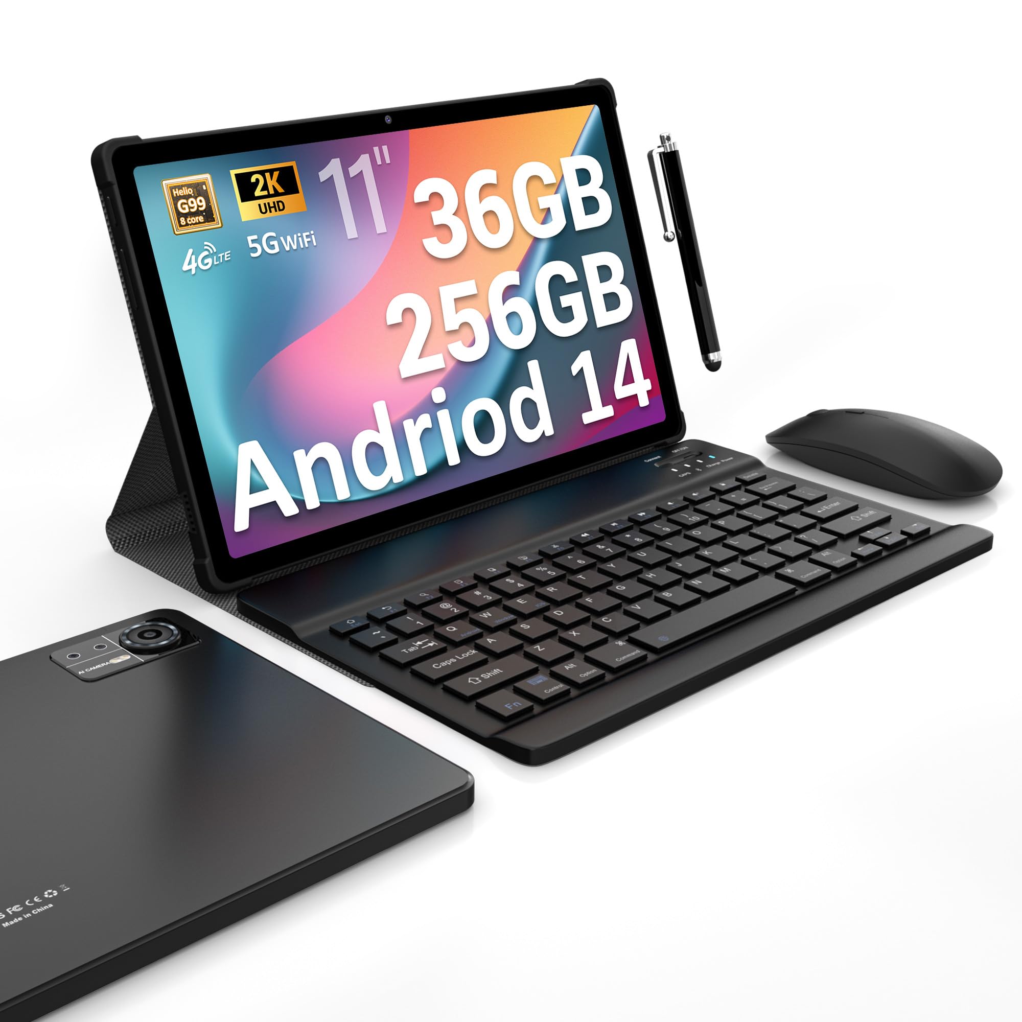 FASTWD Tablet 11 Pollici Android 14 tablet,2025 Newest Tablet con 4G LTE e 5G WiFi,36GB RAM+256GB ROM,9580mAh,2000 * 1200 incell FHD,Widevine L3,GPS/BT5/Tablet 2 in 1 con tastiera,Nero