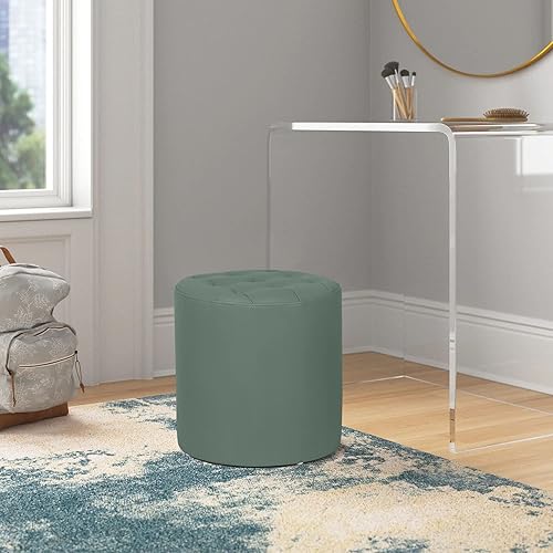 Miniatura 2 de Reposapiés redondo otomano tapizado de cuero para sala de estar, dormitorio, entrada, oficina en casa (verde oscuro)