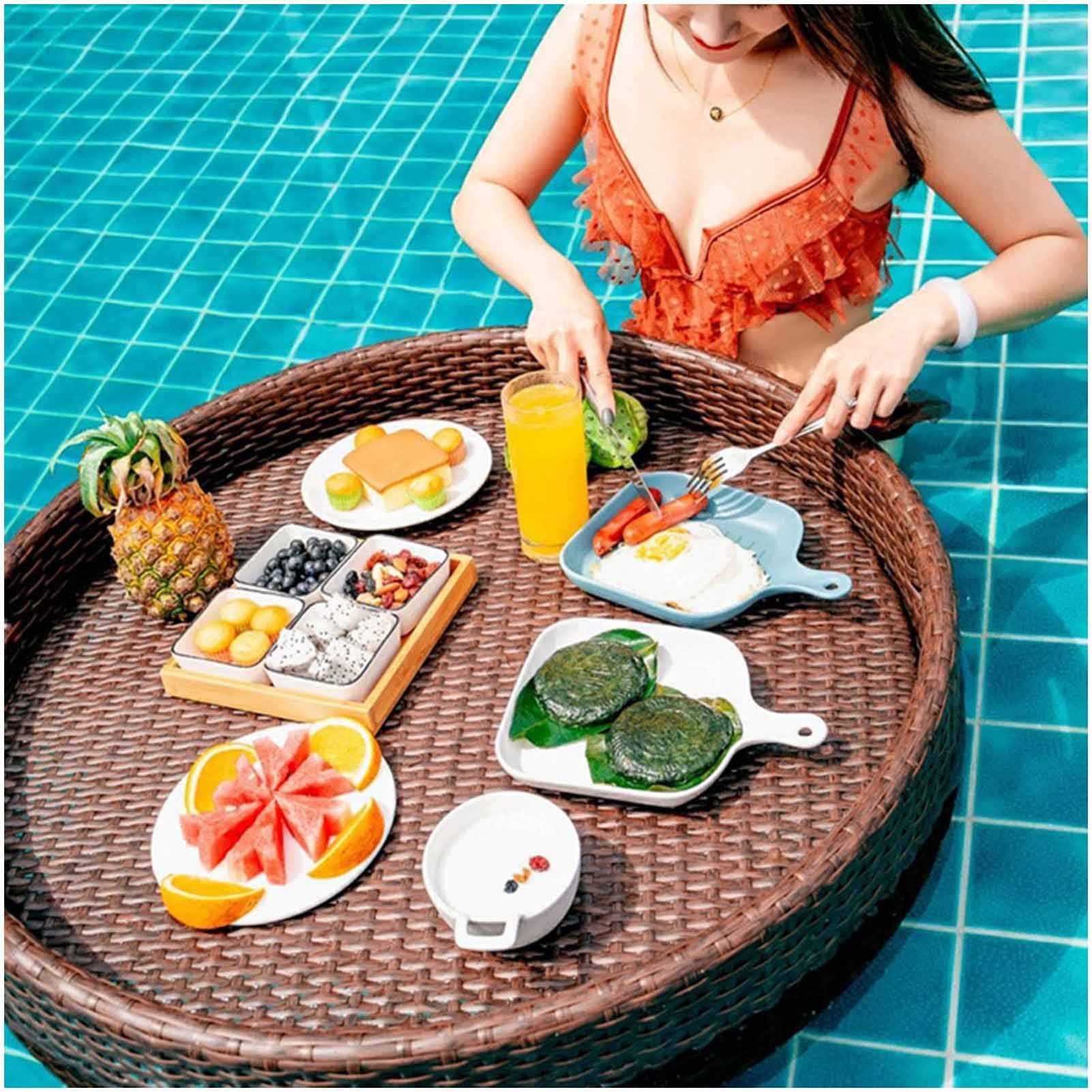 Rattan Woven Serving Tray - Luxury Floating Tray For Food On Water, Brunch & Wedding Photography - With Handles - Swimming Pool Accessory