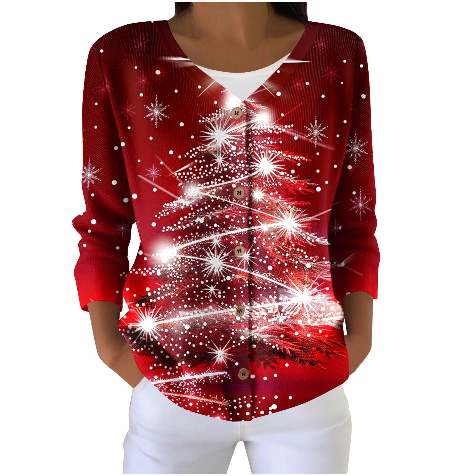 Womens Holiday Christmas Long Sleeve Hoodies Outfits Sweatshirt for Women Vneck Crochet Striped Hooded Cardigan