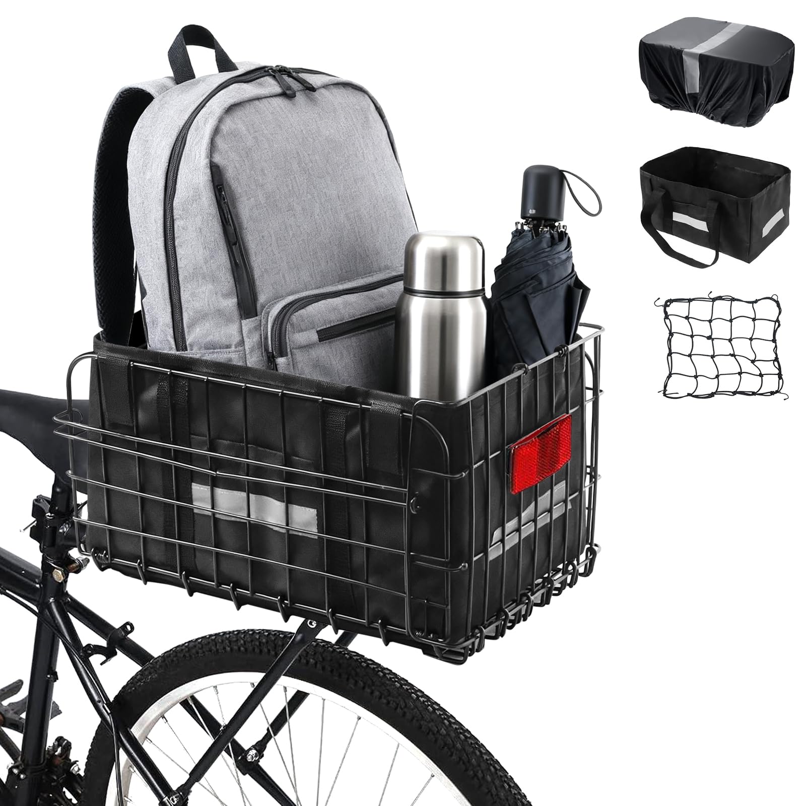 JAOGAUS Foldable Bicycle Basket, Metal Large Rear Basket with Nylon Liner Bag and Waterproof Cover, Quick Release Design with Elestic Cargo Net, Fits for Most Rear Bike Rack