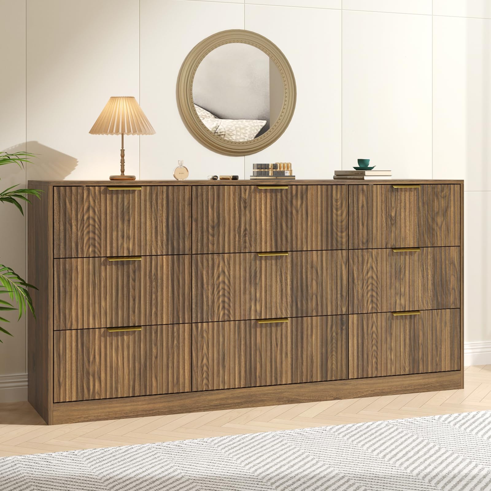 Walnut 9 Drawer Dresser for Bedroom, 63" Wide Fluted Wood Dresser