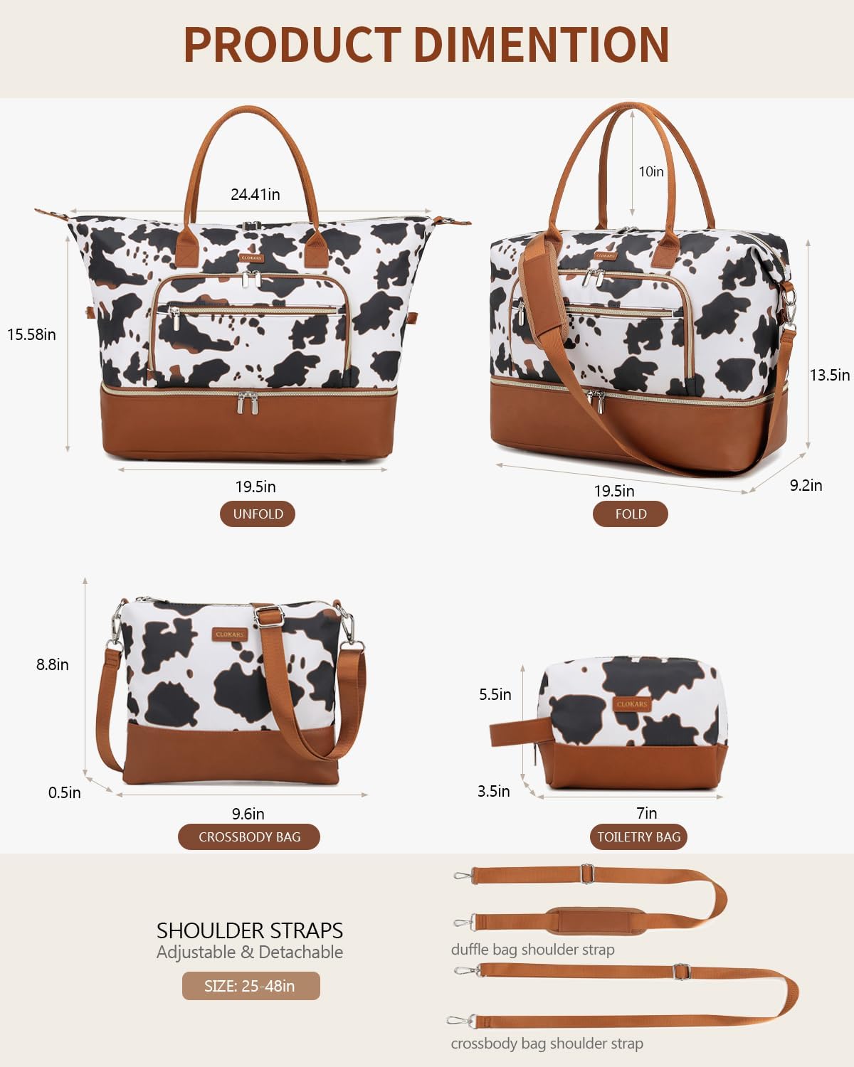 Weekender Bags for Women, Travel Duffle Bag Carry On Overnight Bag with Cosmetics Bag and Crossbody Purse for Gym Hospital, Gifts for Women, Cow Print Brown