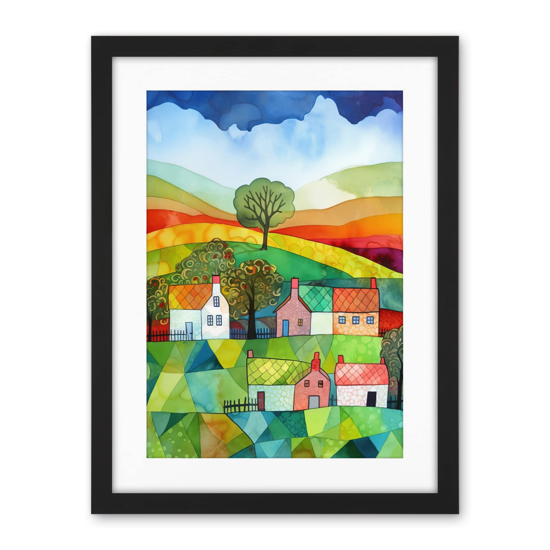 Artery8 Rural Landscape Rainbow Countryside Folk Art Watercolour Painting Artwork Framed Wall Art Print 18X24 Inch