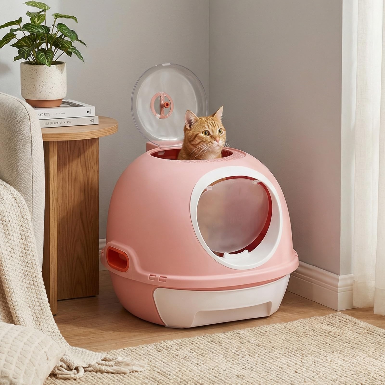 COSTWAY Arenero para Gatos Cubierto, Estilo Helicóptero, Caja de Arena Plegable para Gato con Entrada Frontal y Salida Superior, Pala, Bandeja Portátil para Gatos Grandes, 54 x 46 x 39 cm (Rosa)
