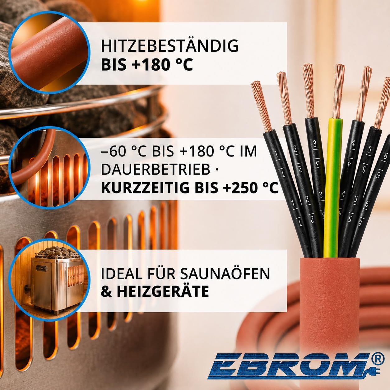 Cavo in silicone per sauna SIHF-J 7 x 2,5 mm² – 99,9% rame OFC, in rame stagnato, al metro, disponibile in incrementi di 1 metro, a scelta: 2 metri, 7 x 2,5 mm2