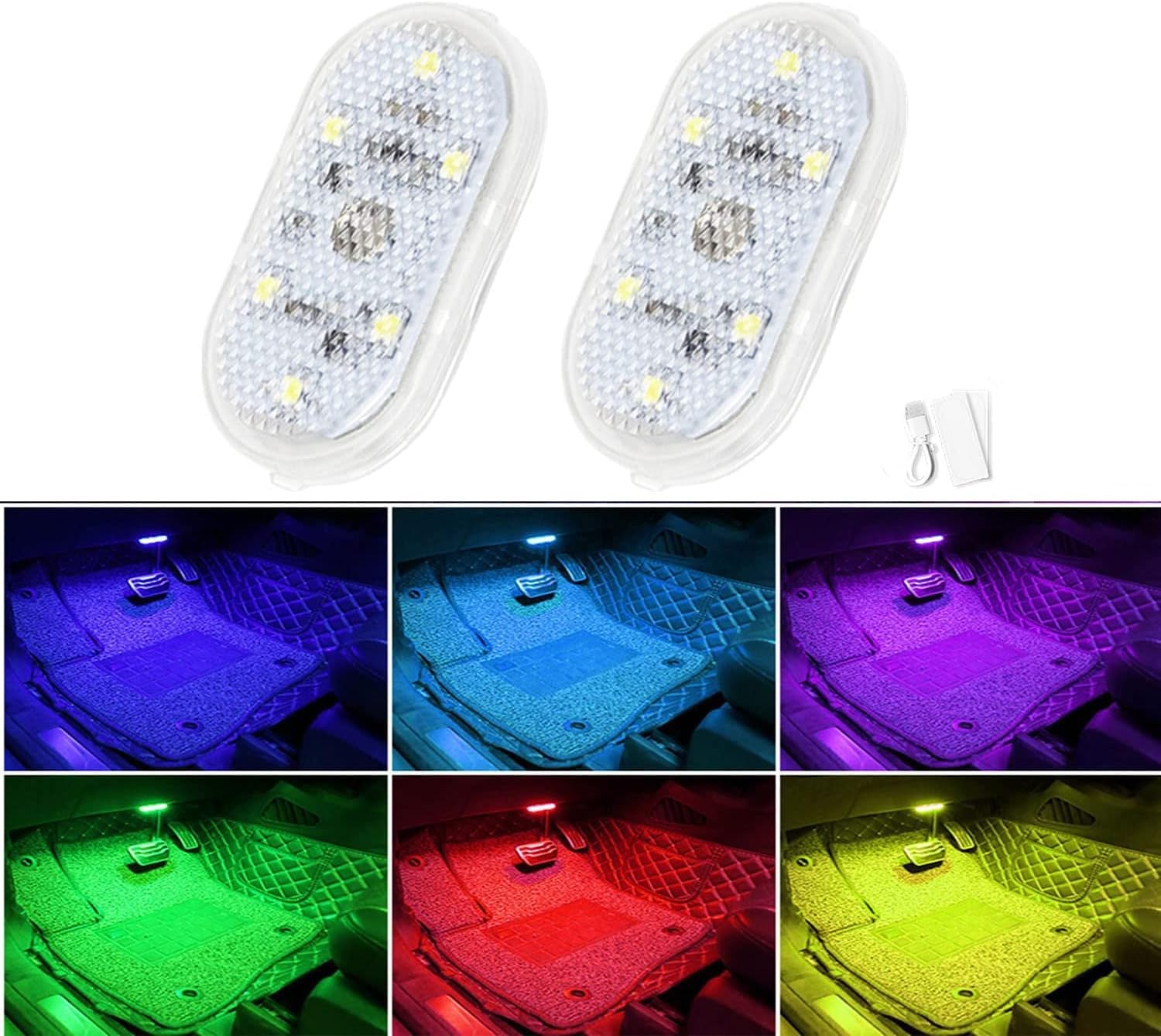 2 Pcs Car LED Lights Interior, 7 Colors LED Interior Car Lights with 6 Bright LED Lamp Beads, Portable Night Reading Light Car Interior Atmosphere, USB Rechargeable Lighting Light (7 Colored Lights)