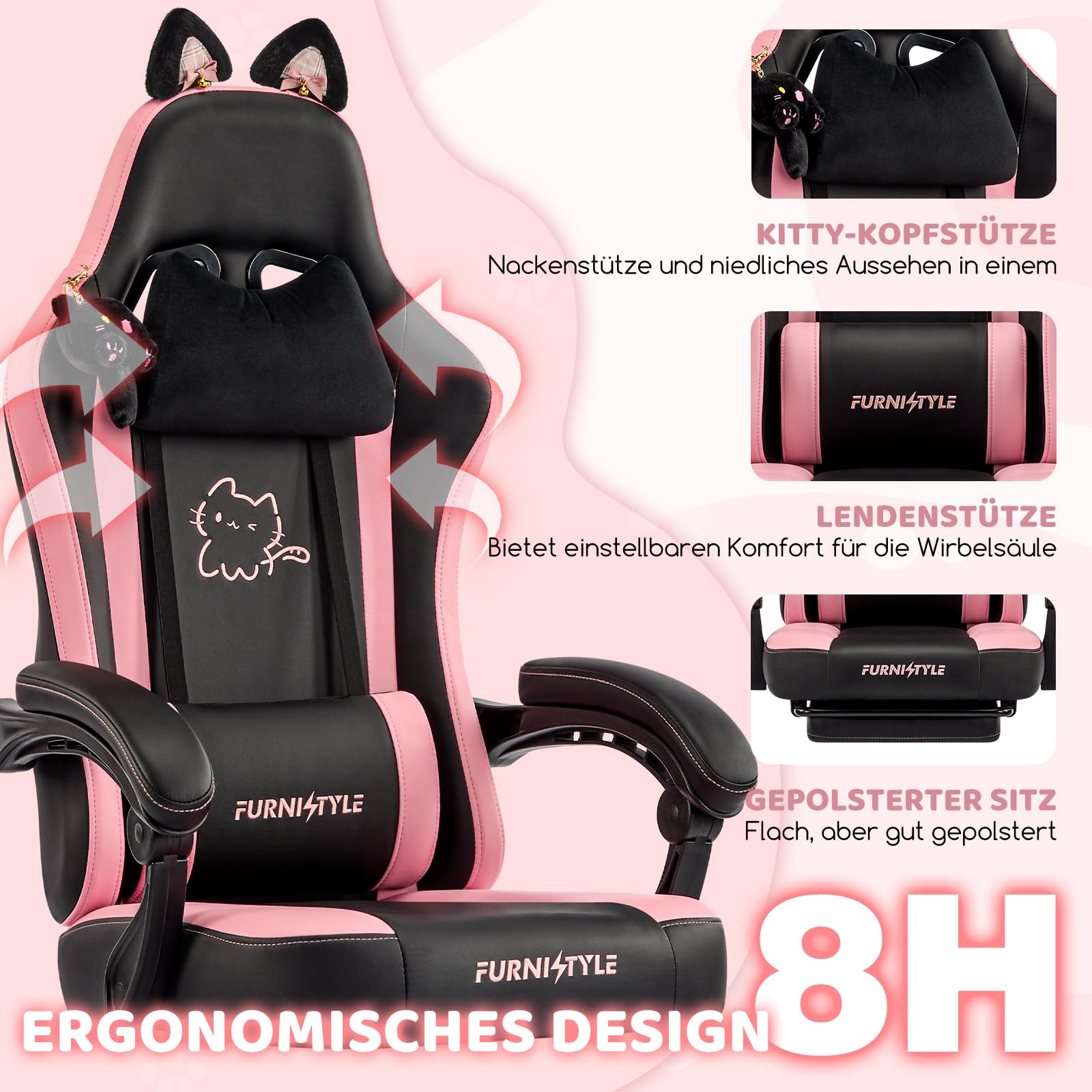 Hellove Cute Gaming Stuhl Katzenohren, Ergonomischer Computerstuhl mit Hoher Rückenlehne und Lendenwirbelstütze, Gamer Stuhl mit Fußstütze für Mädchen, Teenager, Kinder, PU-Leder, Schwarz Rosa